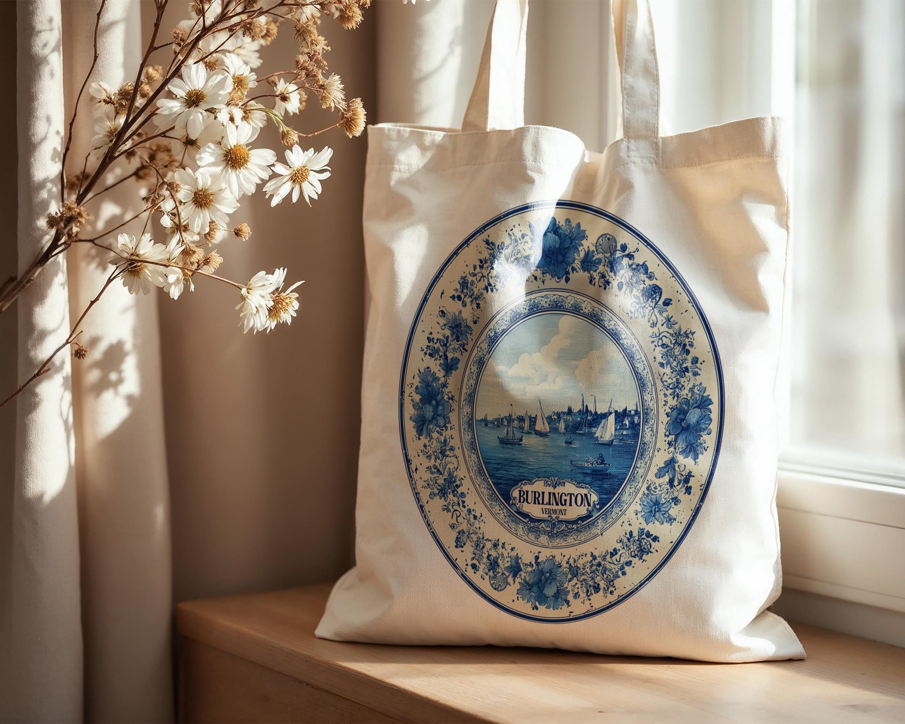Burlington Vermont Tote Bag, Delft Style Personalized Destination, City Wedding Gift Souvenir Cotton
