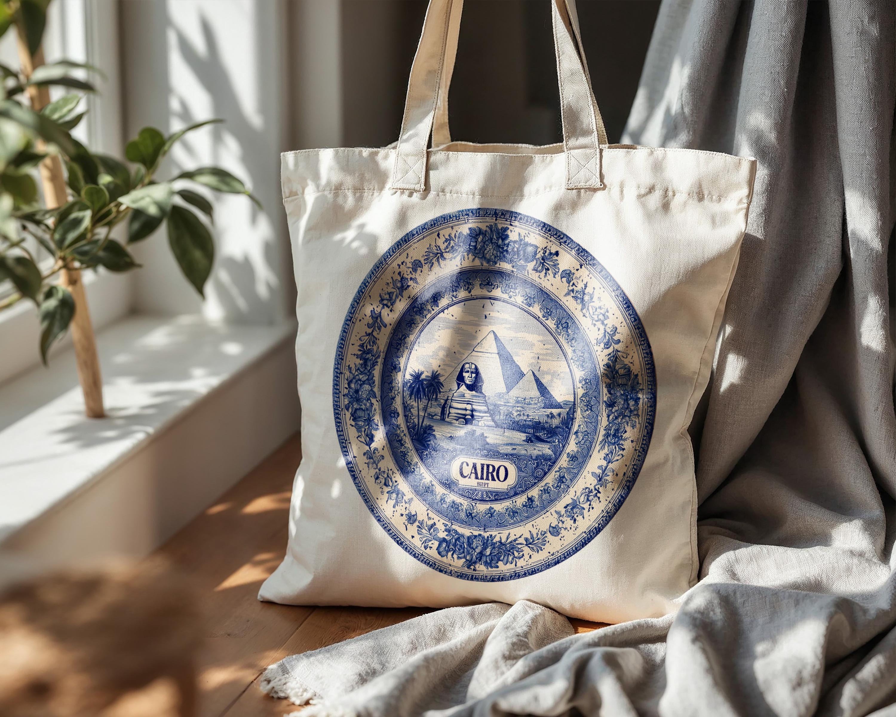 Cairo Egypt Tote Bag, Delft Style Personalized Destination, City Wedding Gift Souvenir Cotton