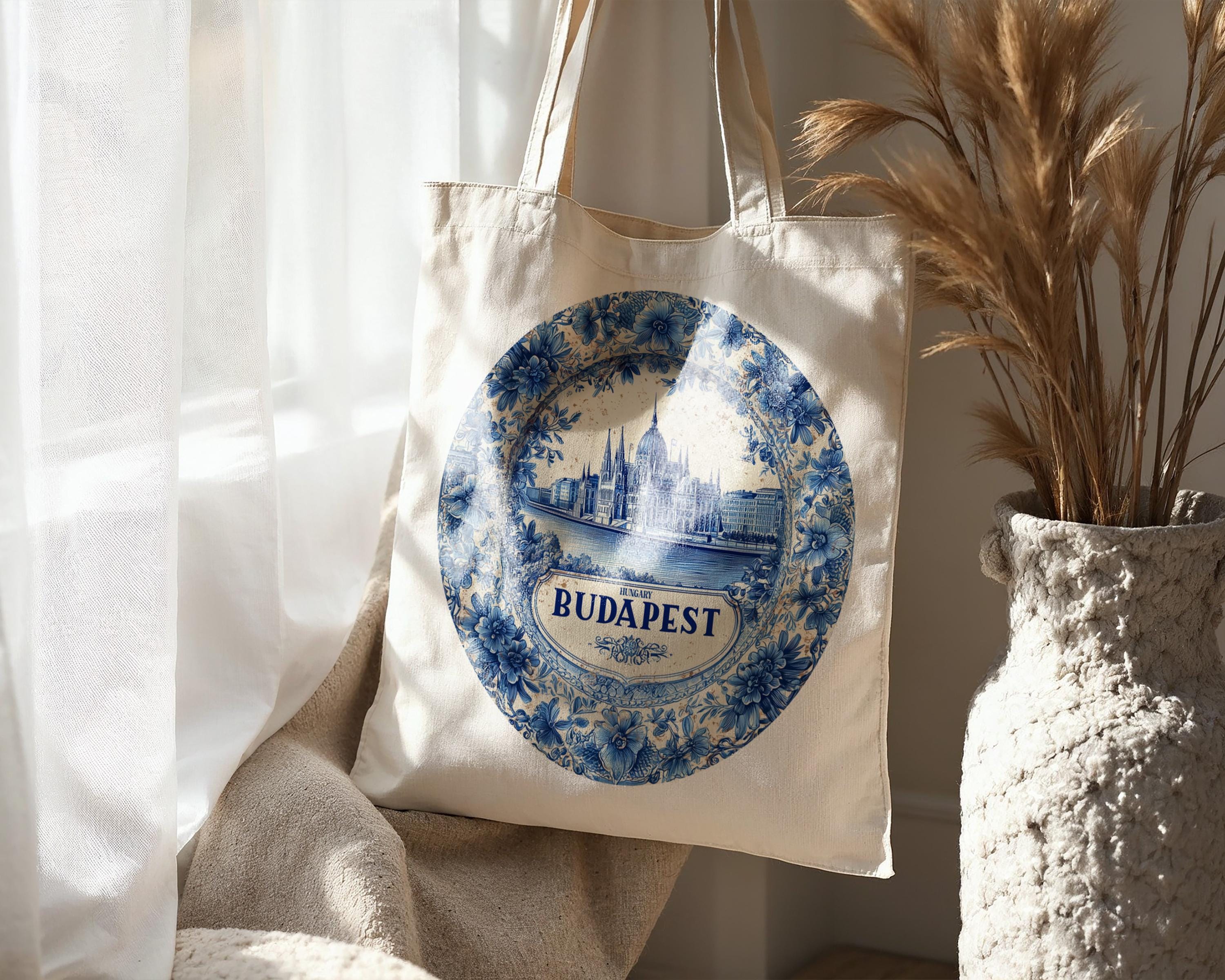 Budapest Hungary Tote Bag, Delft Style Personalized Destination, City Wedding Gift Souvenir Cotton
