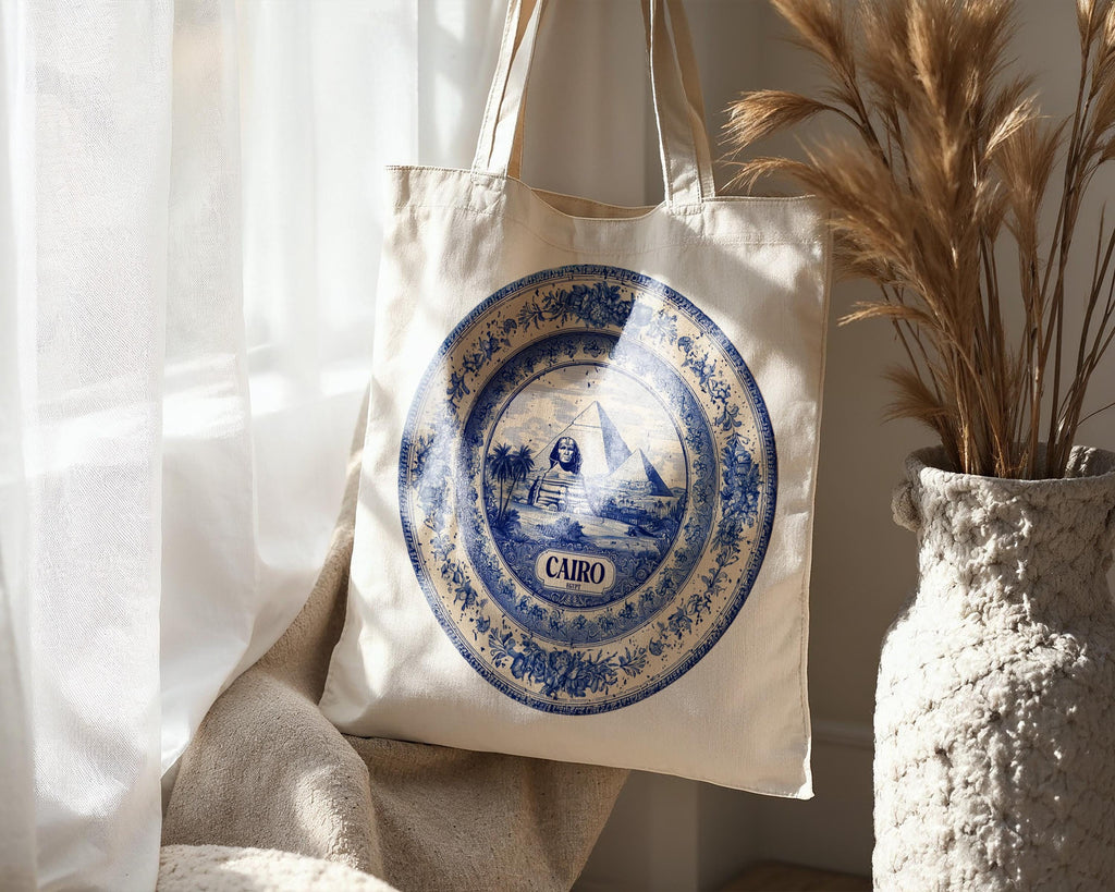 Cairo Egypt Tote Bag, Delft Style Personalized Destination, City Wedding Gift Souvenir Cotton