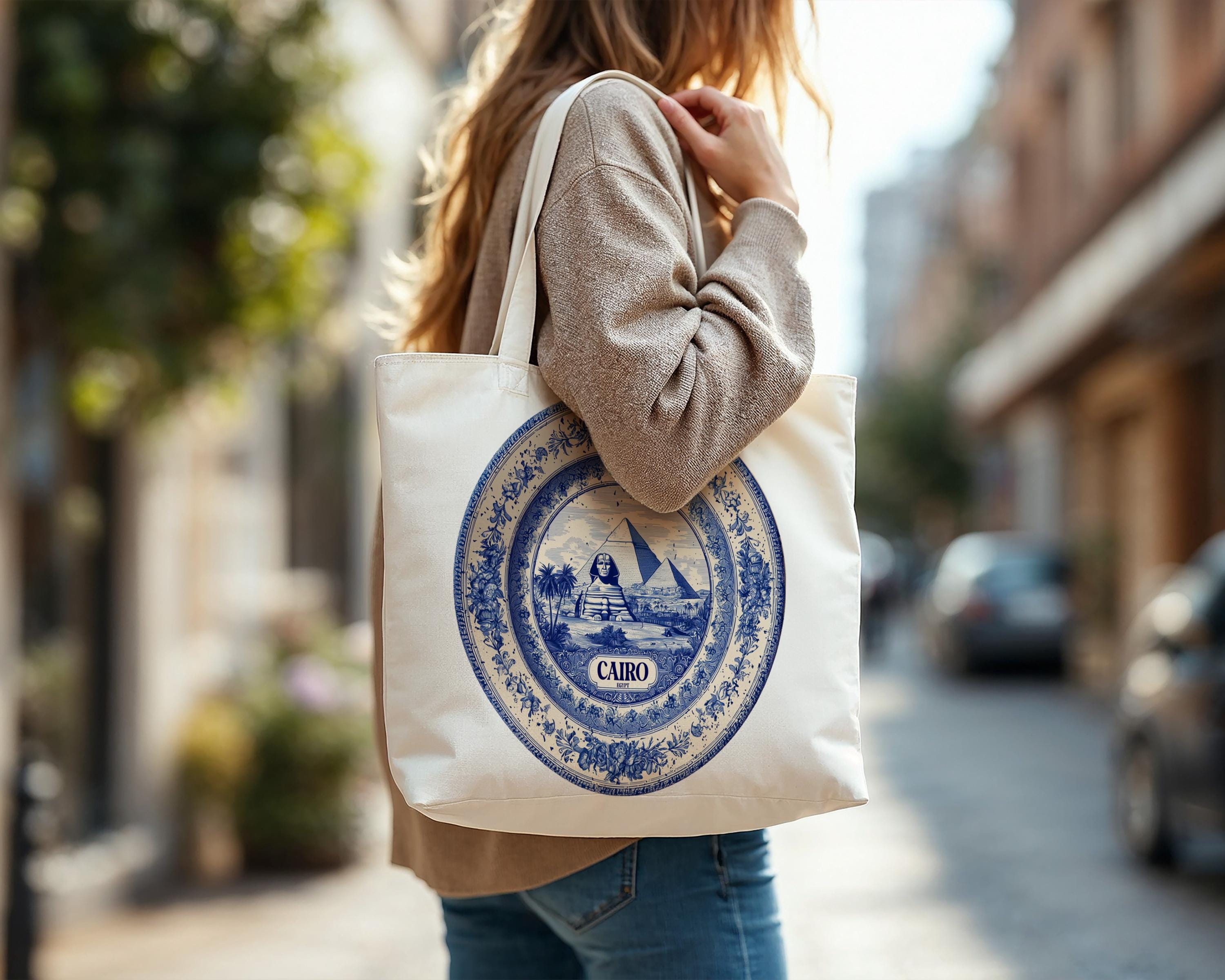Cairo Egypt Tote Bag, Delft Style Personalized Destination, City Wedding Gift Souvenir Cotton