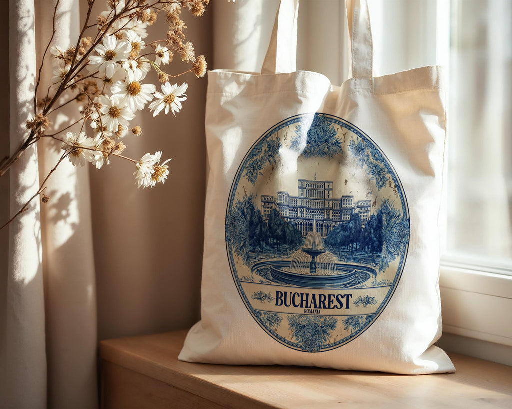 Bucharest Romania Tote Bag, Delft Style Personalized Destination, City Wedding Gift Souvenir Cotton