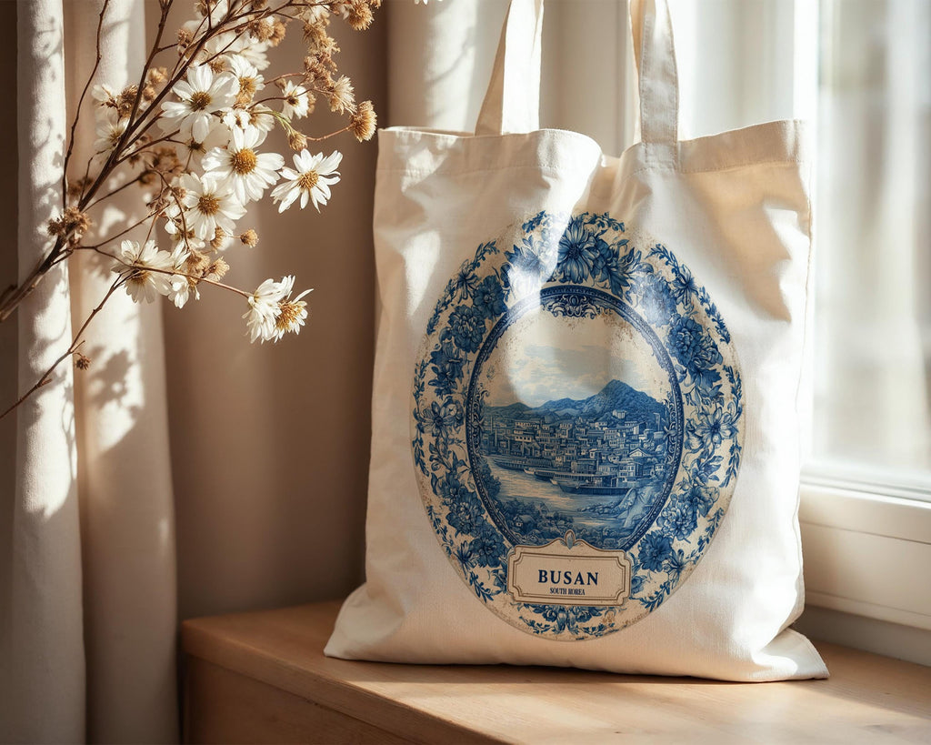 Busan South Korea Tote Bag, Delft Style Personalized Destination, City Wedding Gift Souvenir Cotton