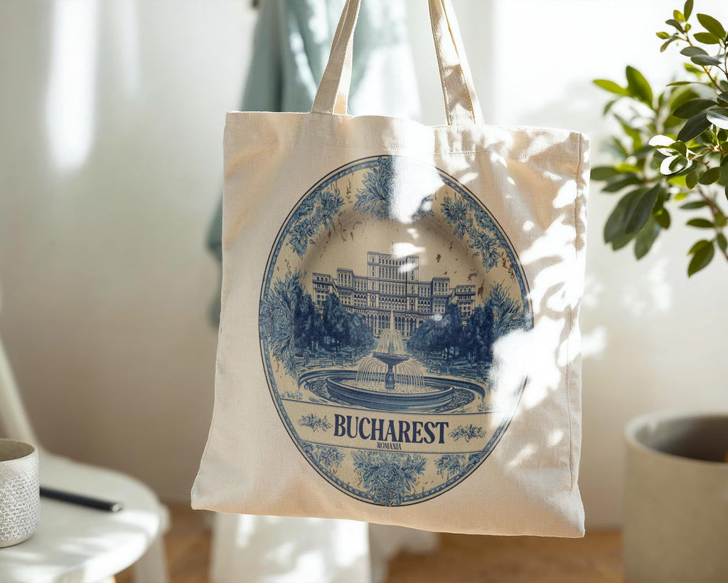 Bucharest Romania Tote Bag, Delft Style Personalized Destination, City Wedding Gift Souvenir Cotton