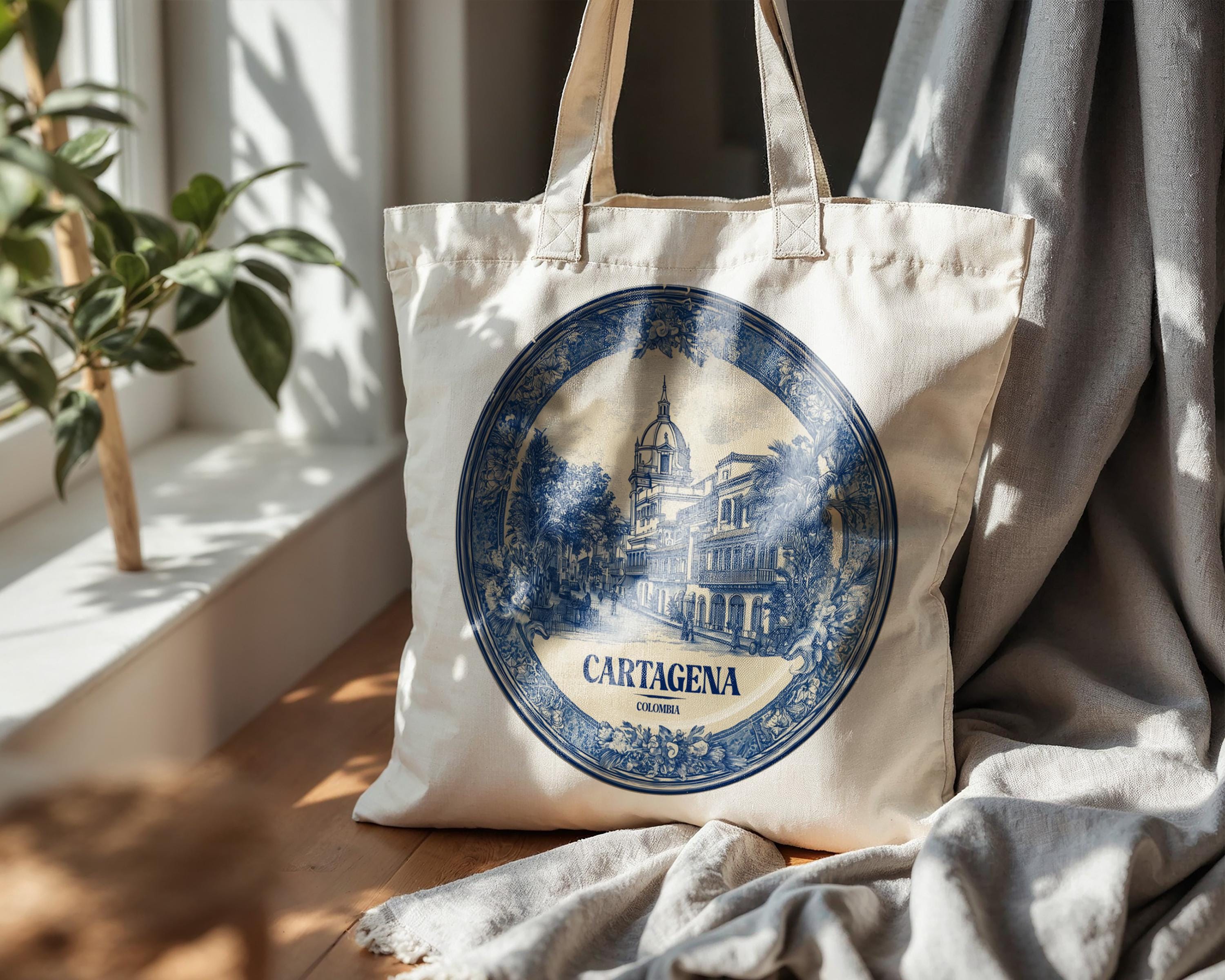 Cartagena Colombia Tote Bag, Delft Style Personalized Destination, City Wedding Gift Souvenir Cotton