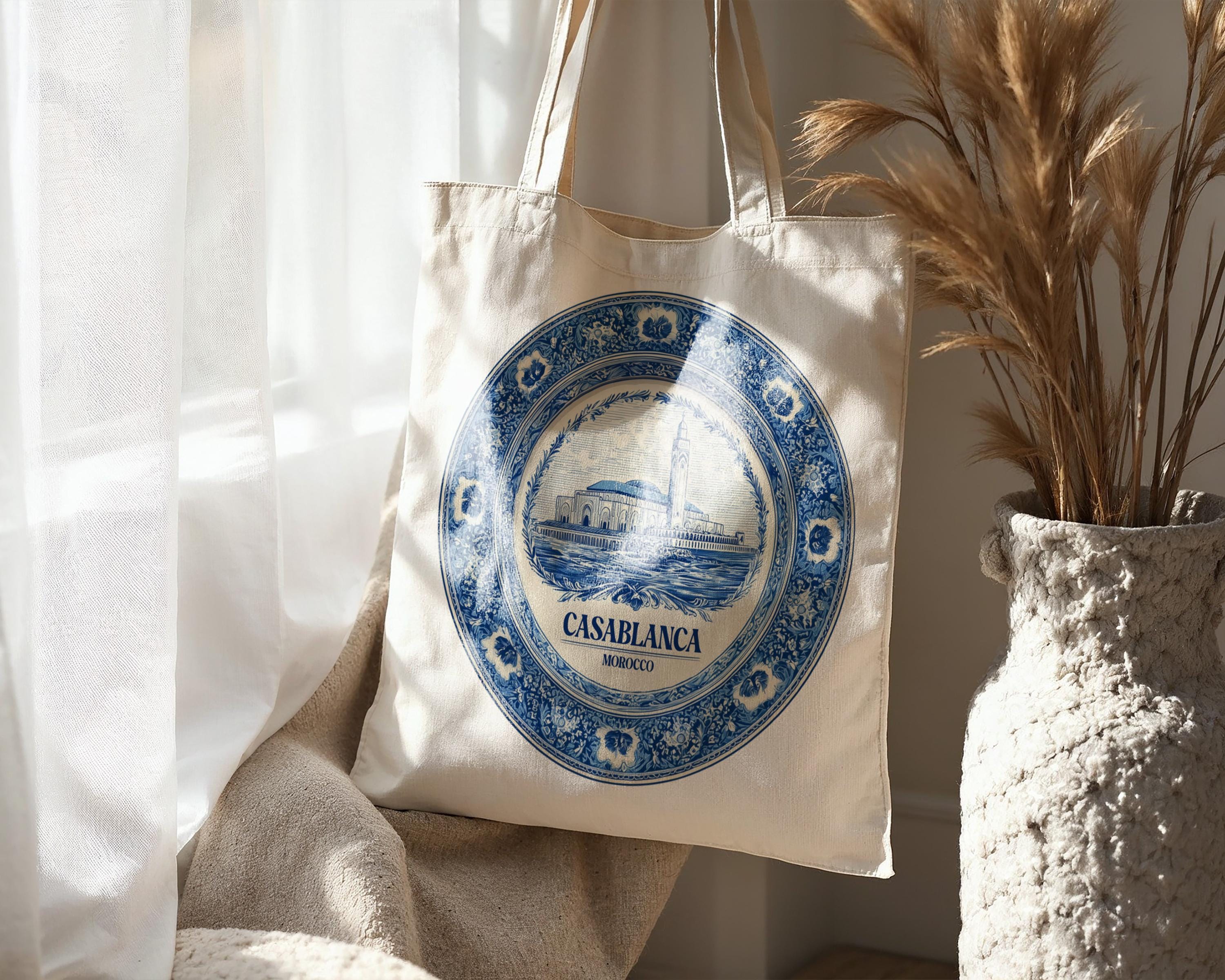 Casablanca Morocco Tote Bag, Delft Style Personalized Destination, City Wedding Gift Souvenir Cotton