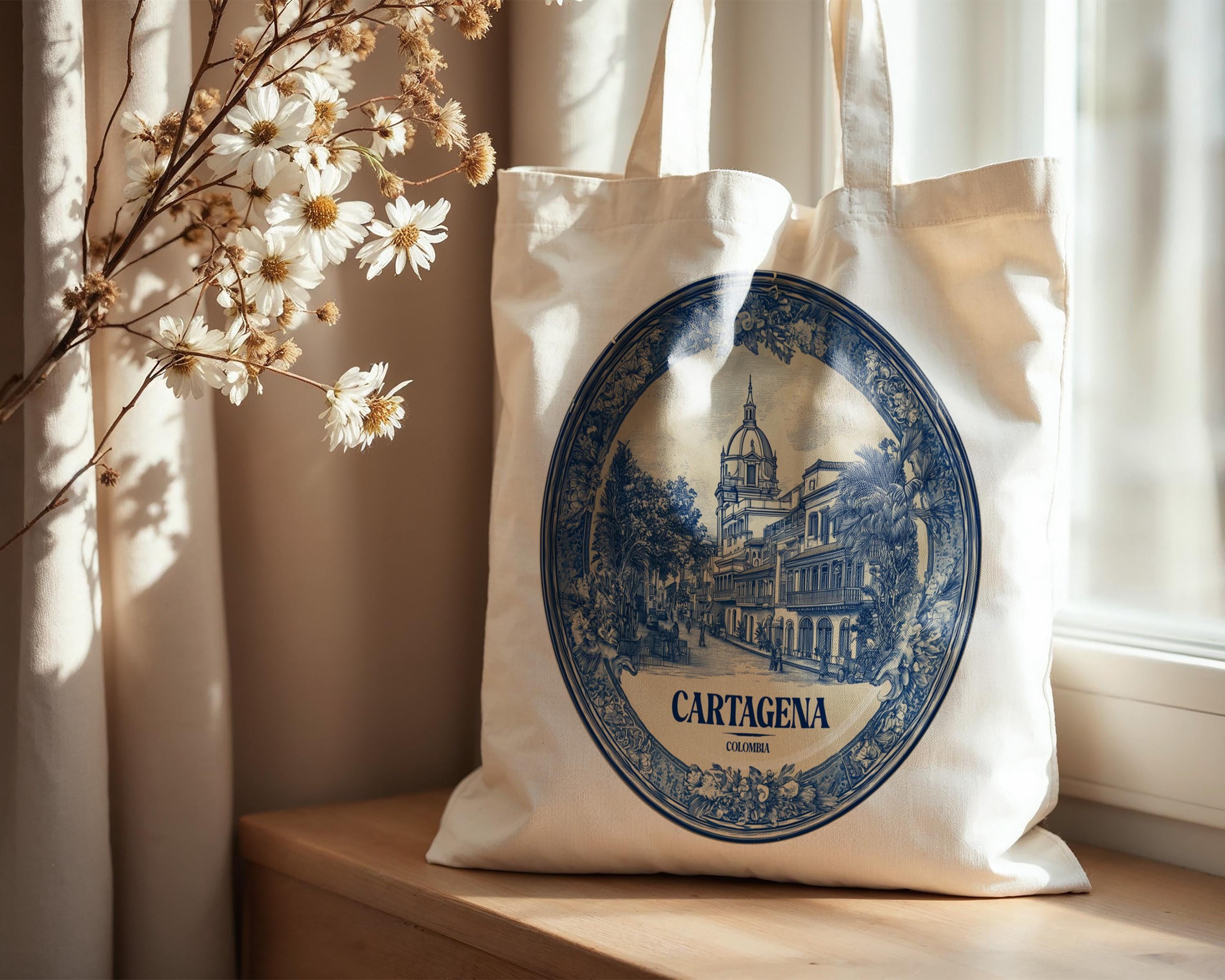 Cartagena Colombia Tote Bag, Delft Style Personalized Destination, City Wedding Gift Souvenir Cotton