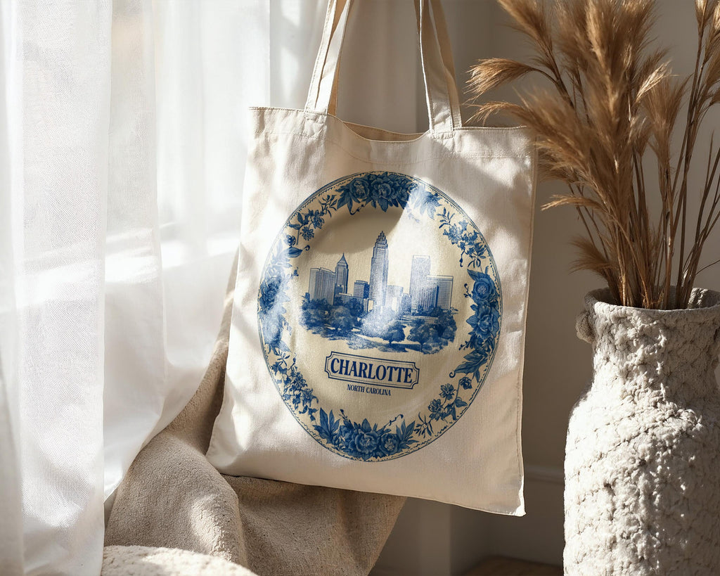 Charlotte North Carolina Tote Bag, Delft Style Personalized Destination, City Wedding Gift Souvenir Cotton
