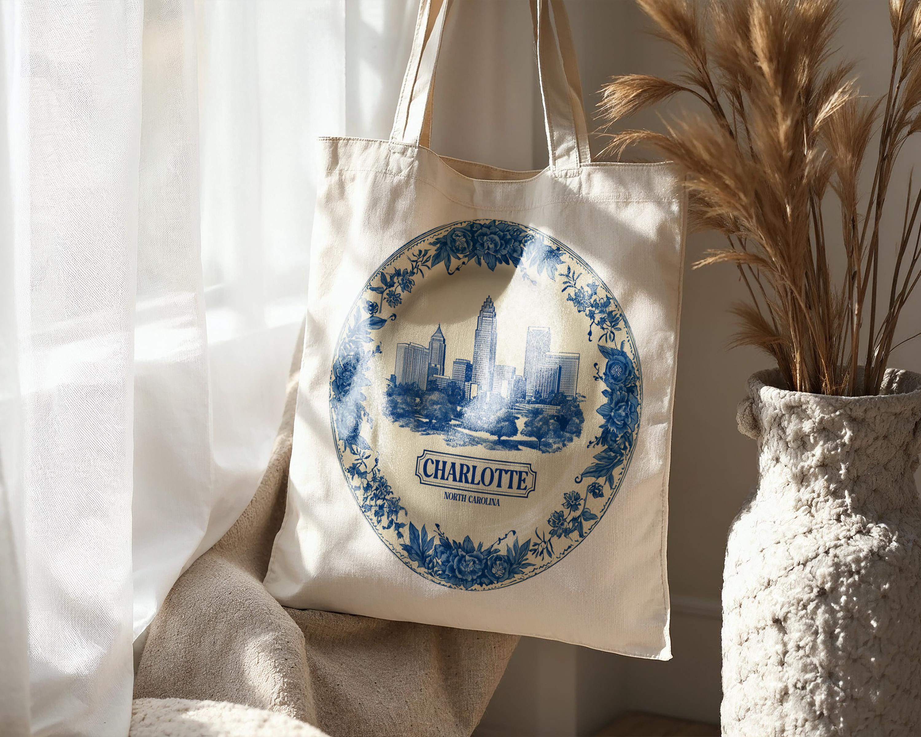 Charlotte North Carolina Tote Bag, Delft Style Personalized Destination, City Wedding Gift Souvenir Cotton