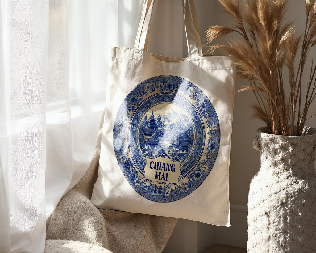 Chiang Mai Thailand Tote Bag, Delft Style Personalized Destination, City Wedding Gift Souvenir Cotton