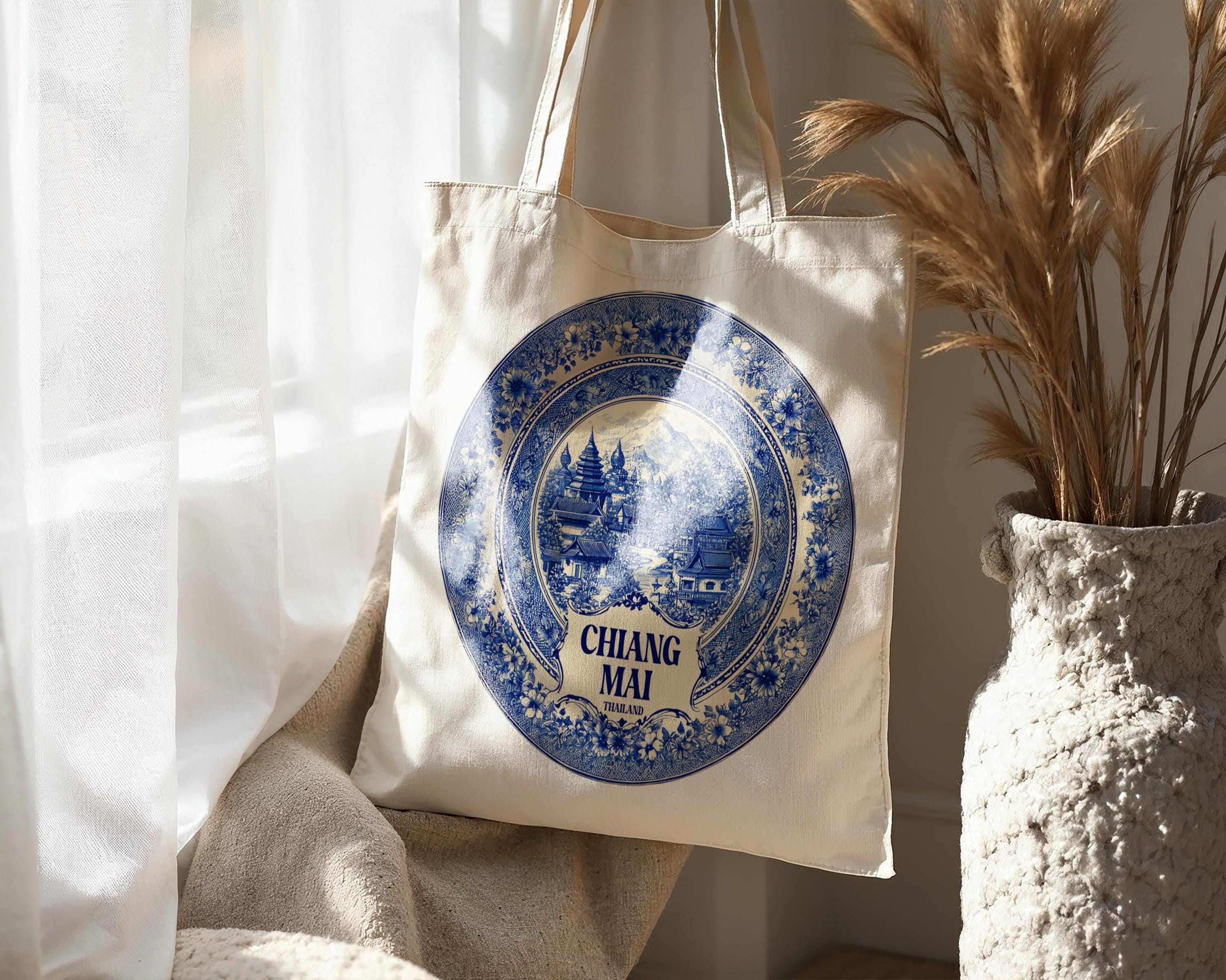 Chiang Mai Thailand Tote Bag, Delft Style Personalized Destination, City Wedding Gift Souvenir Cotton