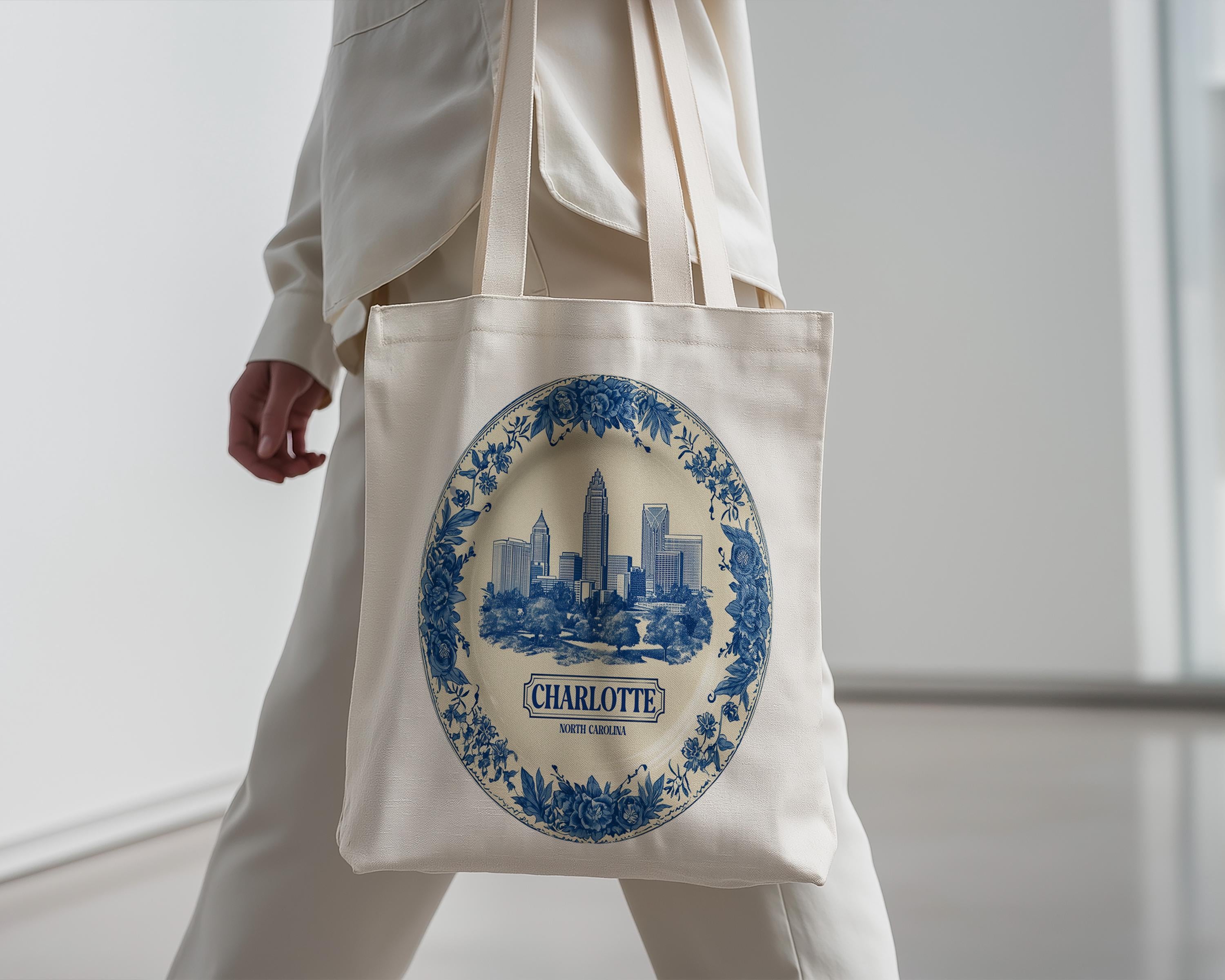 Charlotte North Carolina Tote Bag, Delft Style Personalized Destination, City Wedding Gift Souvenir Cotton