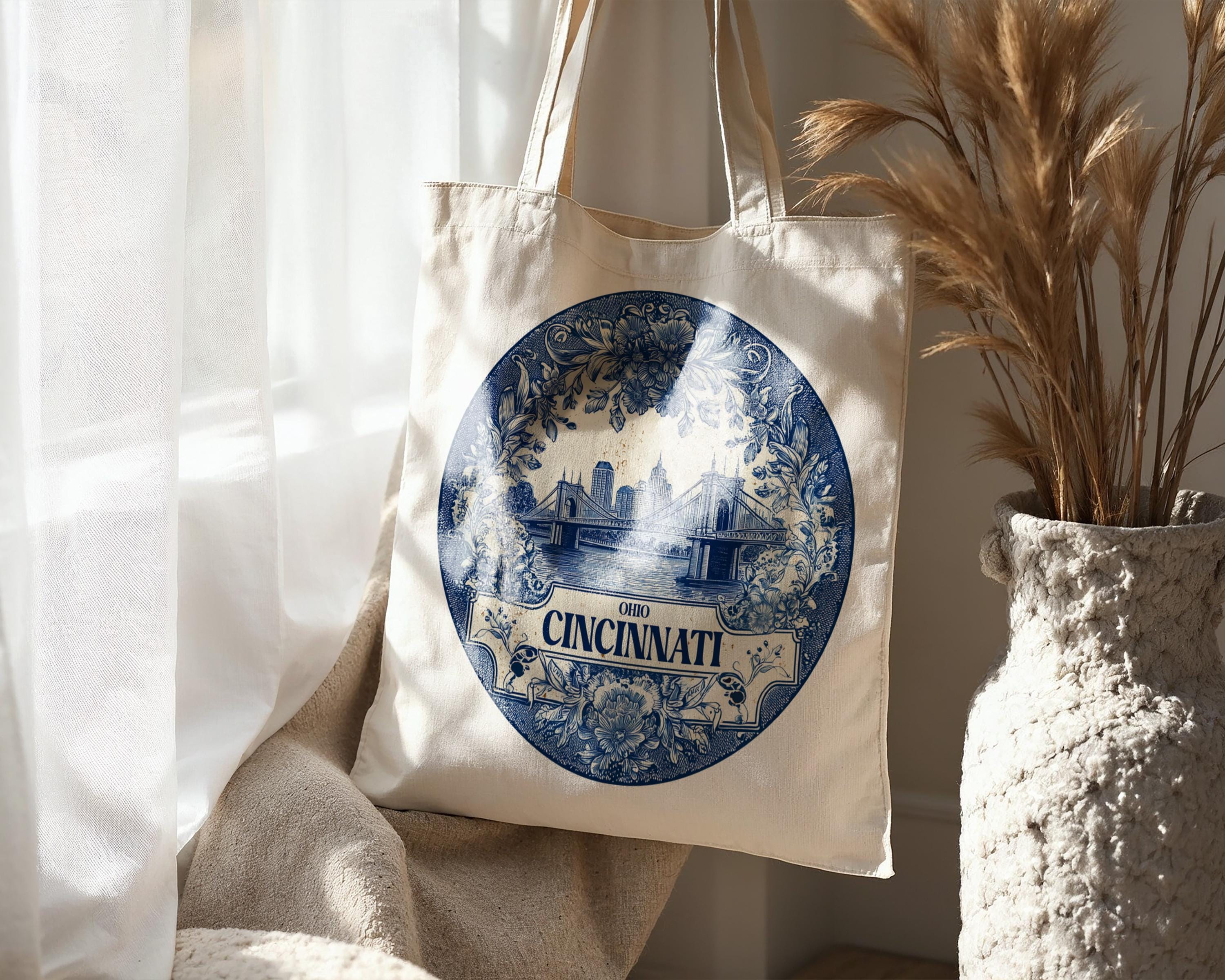 Cincinnati Ohio Tote Bag, Delft Style Personalized Destination, City Wedding Gift Souvenir Cotton