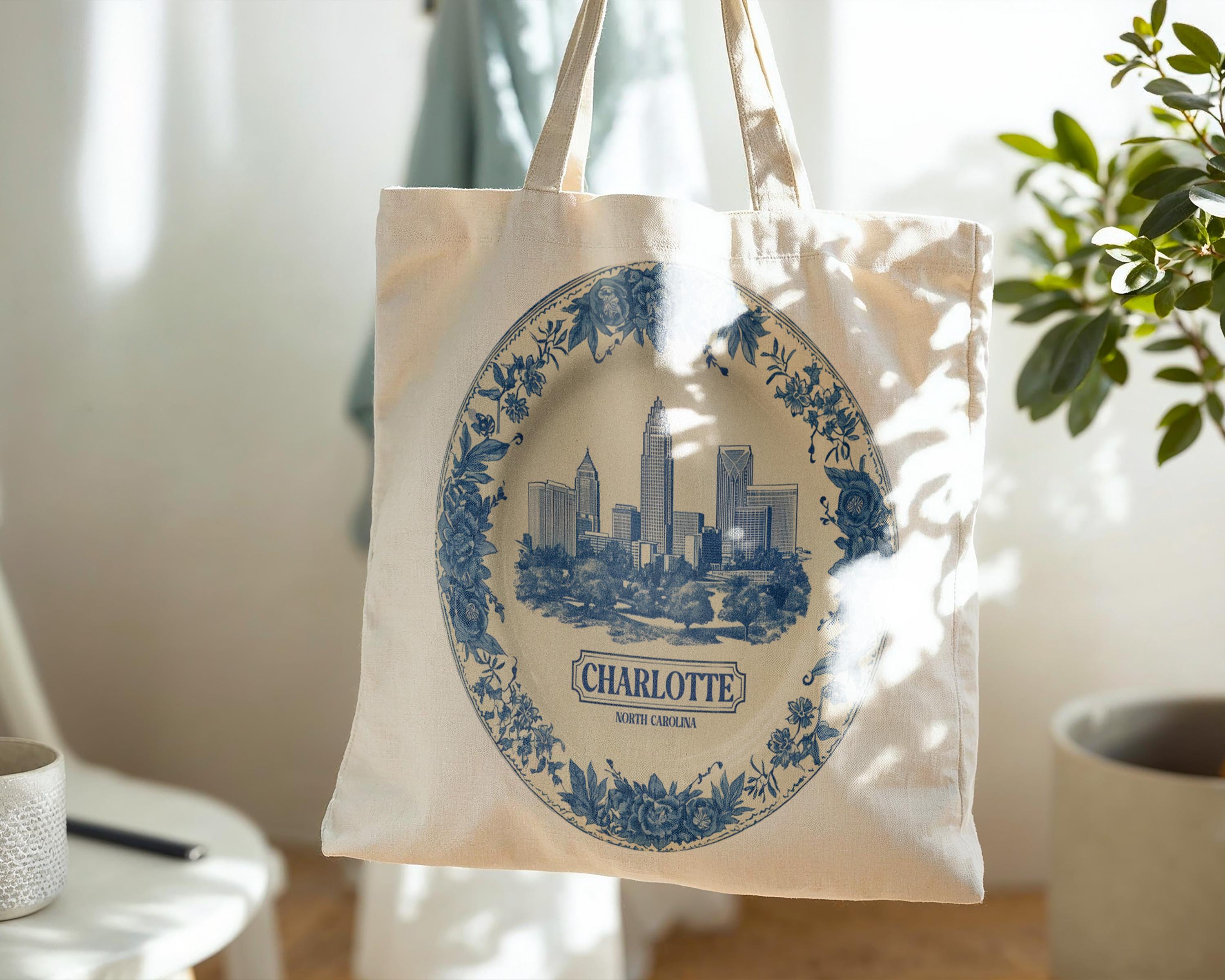 Charlotte North Carolina Tote Bag, Delft Style Personalized Destination, City Wedding Gift Souvenir Cotton