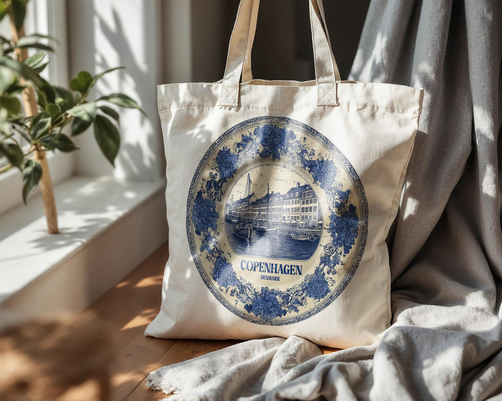 Copenhagen Denmark Tote Bag, Delft Style Personalized Destination, City Wedding Gift Souvenir Cotton