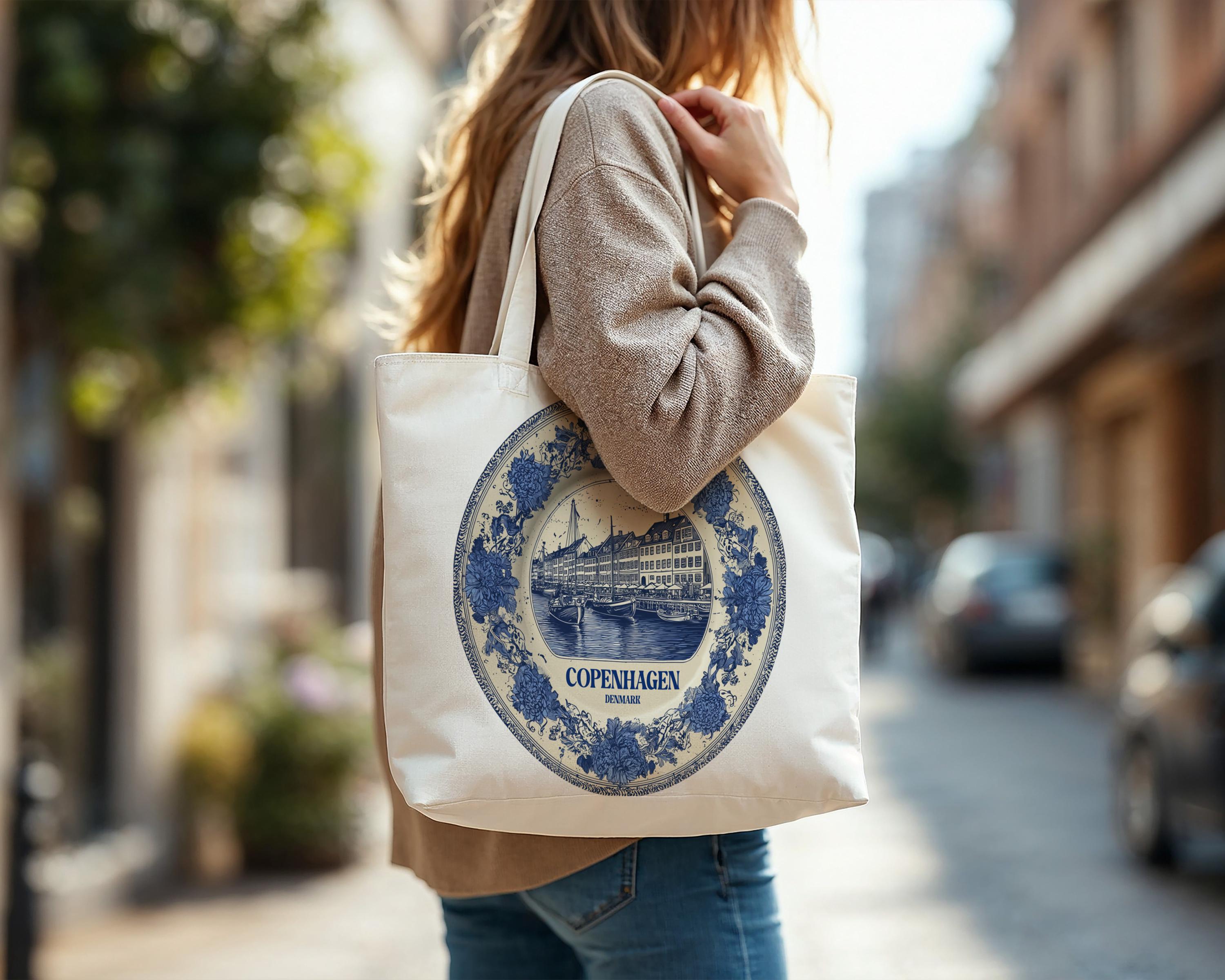 Copenhagen Denmark Tote Bag, Delft Style Personalized Destination, City Wedding Gift Souvenir Cotton