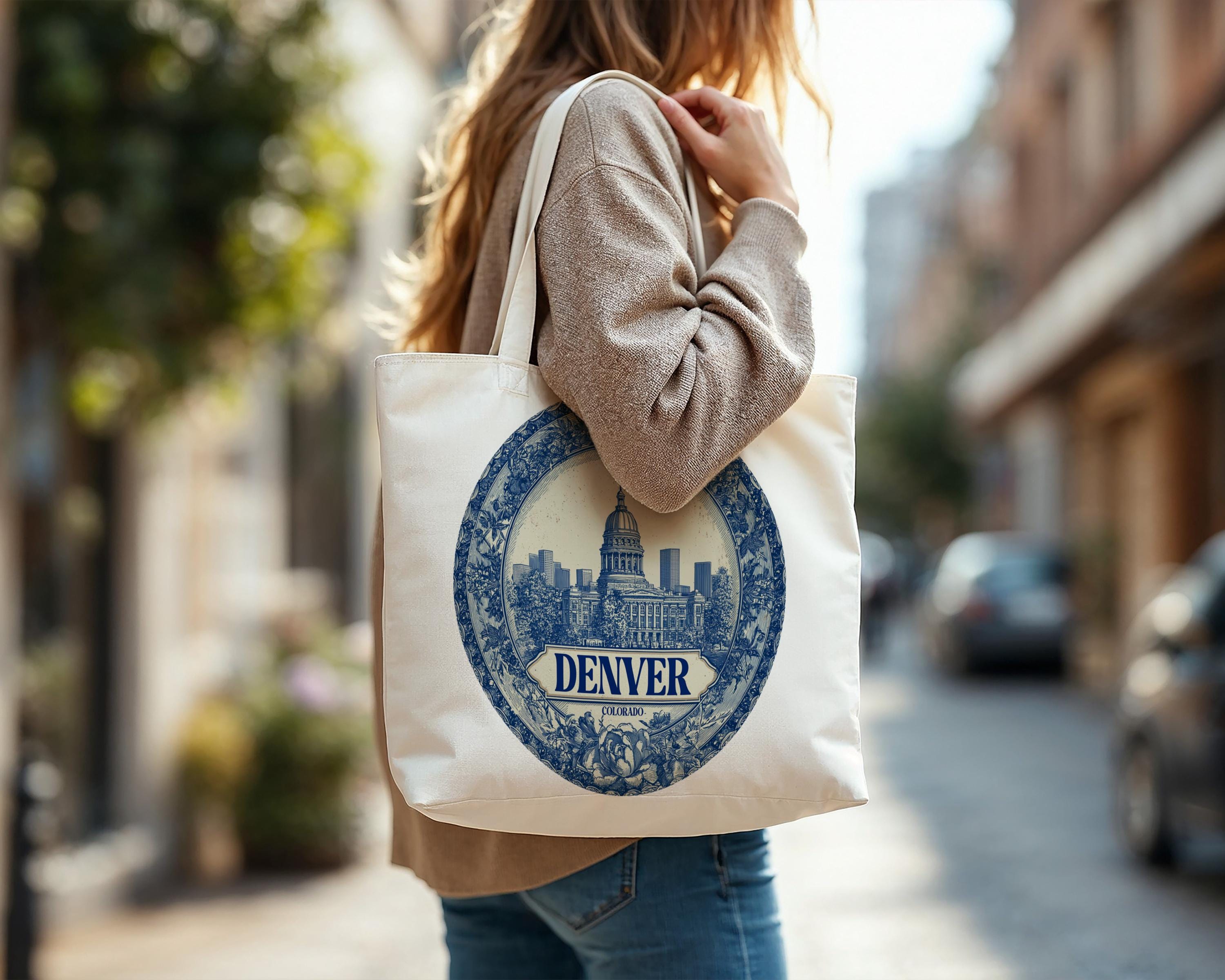 Denver Colorado Tote Bag, Delft Style Personalized Destination, City Wedding Gift Souvenir Cotton
