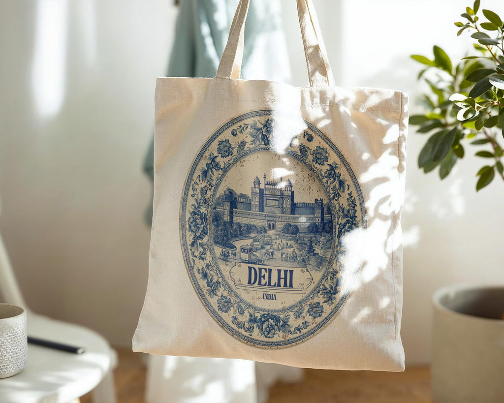 Delhi India Tote Bag, Delft Style Personalized Destination, City Wedding Gift Souvenir Cotton