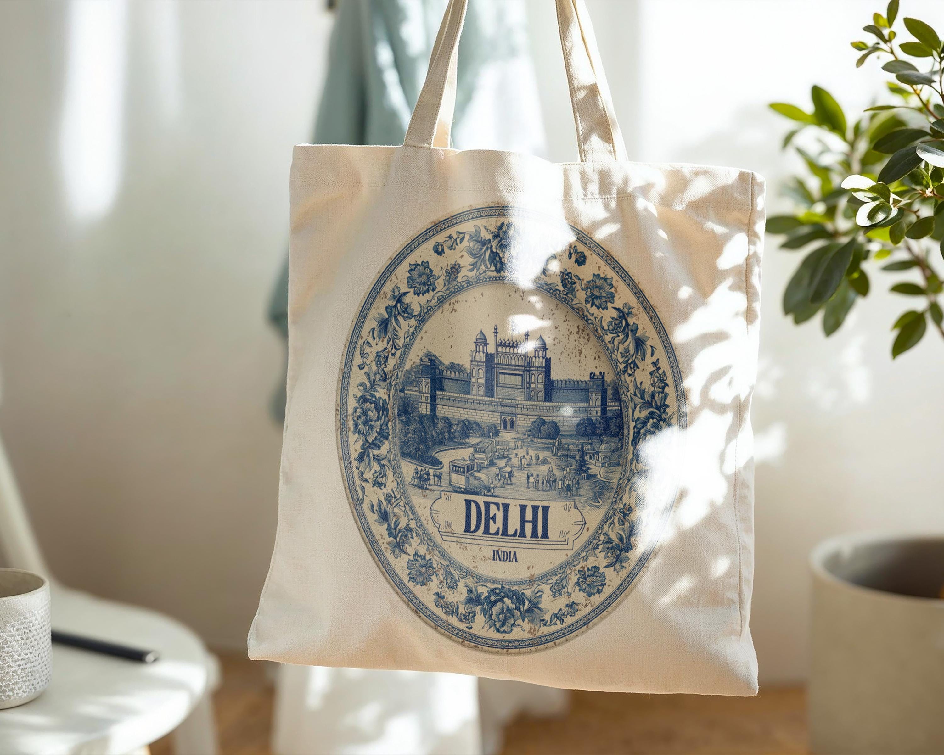 Delhi India Tote Bag, Delft Style Personalized Destination, City Wedding Gift Souvenir Cotton