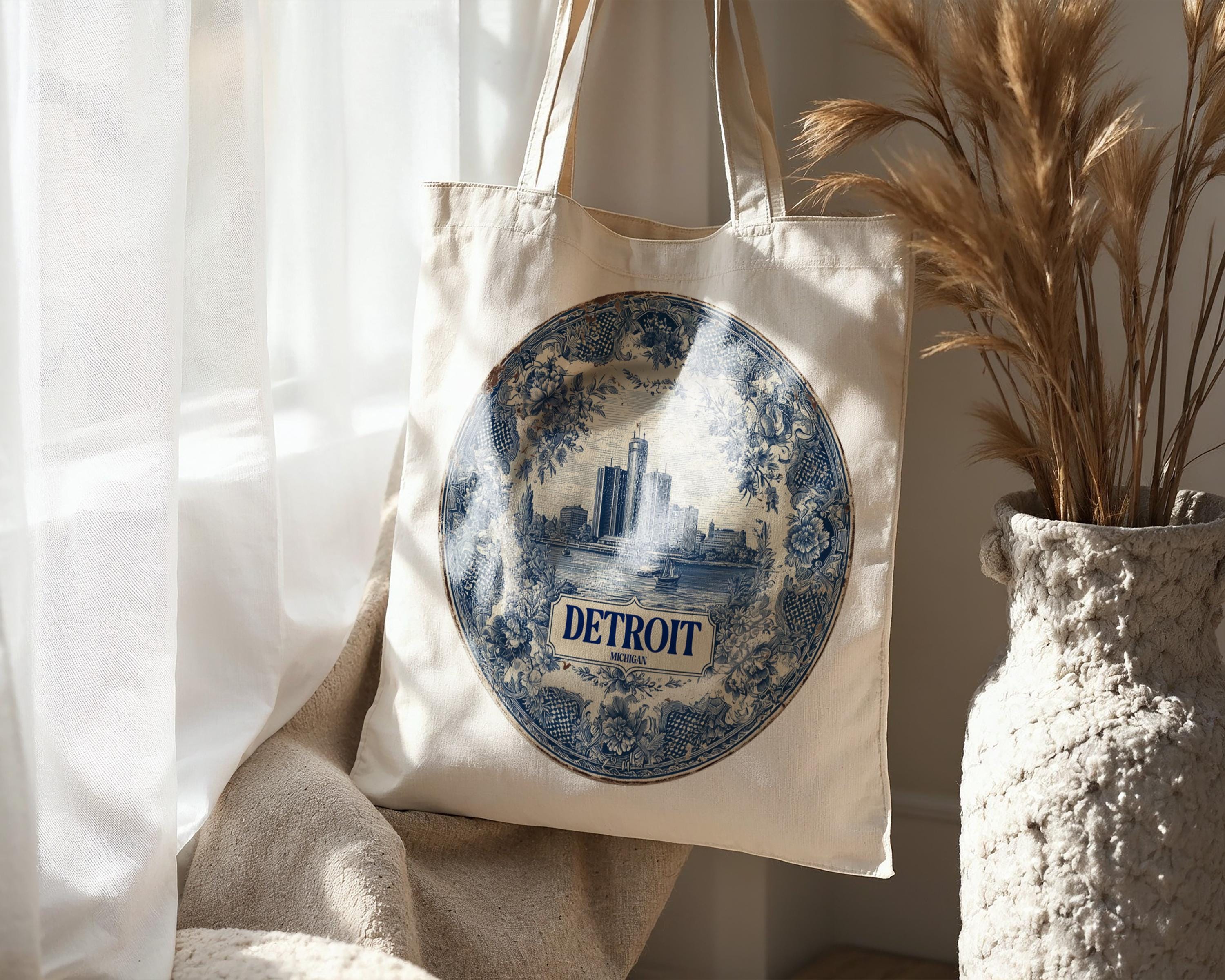 Detroit Michigan Tote Bag, Delft Style Personalized Destination, City Wedding Gift Souvenir Cotton