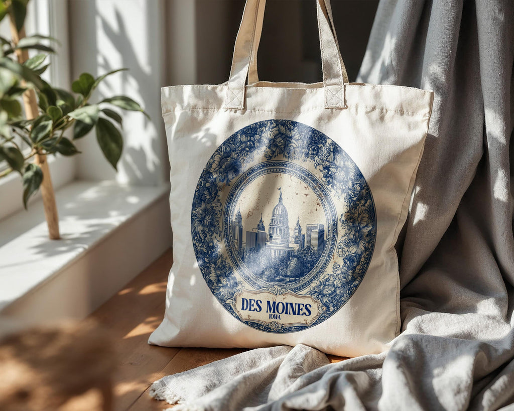 Des Moines Iowa Tote Bag, Delft Style Personalized Destination, City Wedding Gift Souvenir Cotton