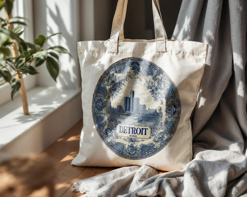 Detroit Michigan Tote Bag, Delft Style Personalized Destination, City Wedding Gift Souvenir Cotton