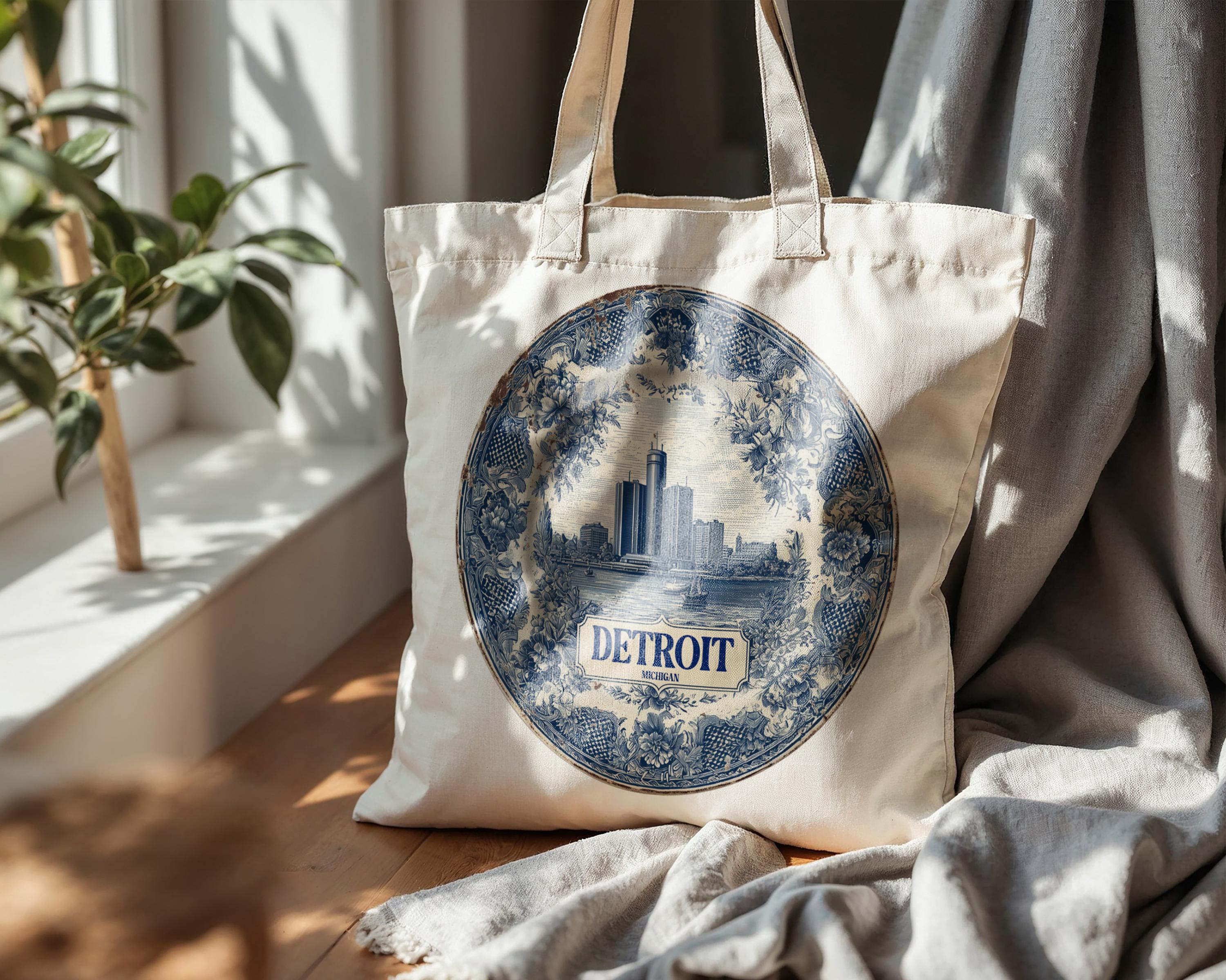 Detroit Michigan Tote Bag, Delft Style Personalized Destination, City Wedding Gift Souvenir Cotton