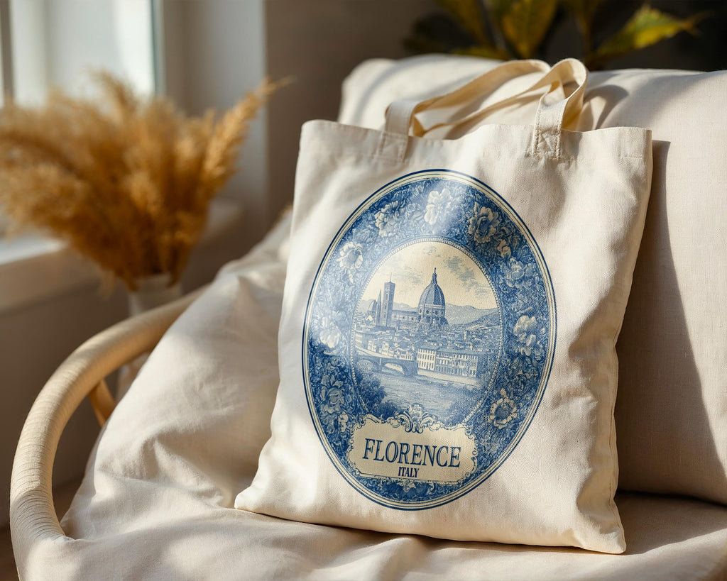 Florence Italy Tote Bag, Delft Style Personalized Destination, City Wedding Gift Souvenir Cotton