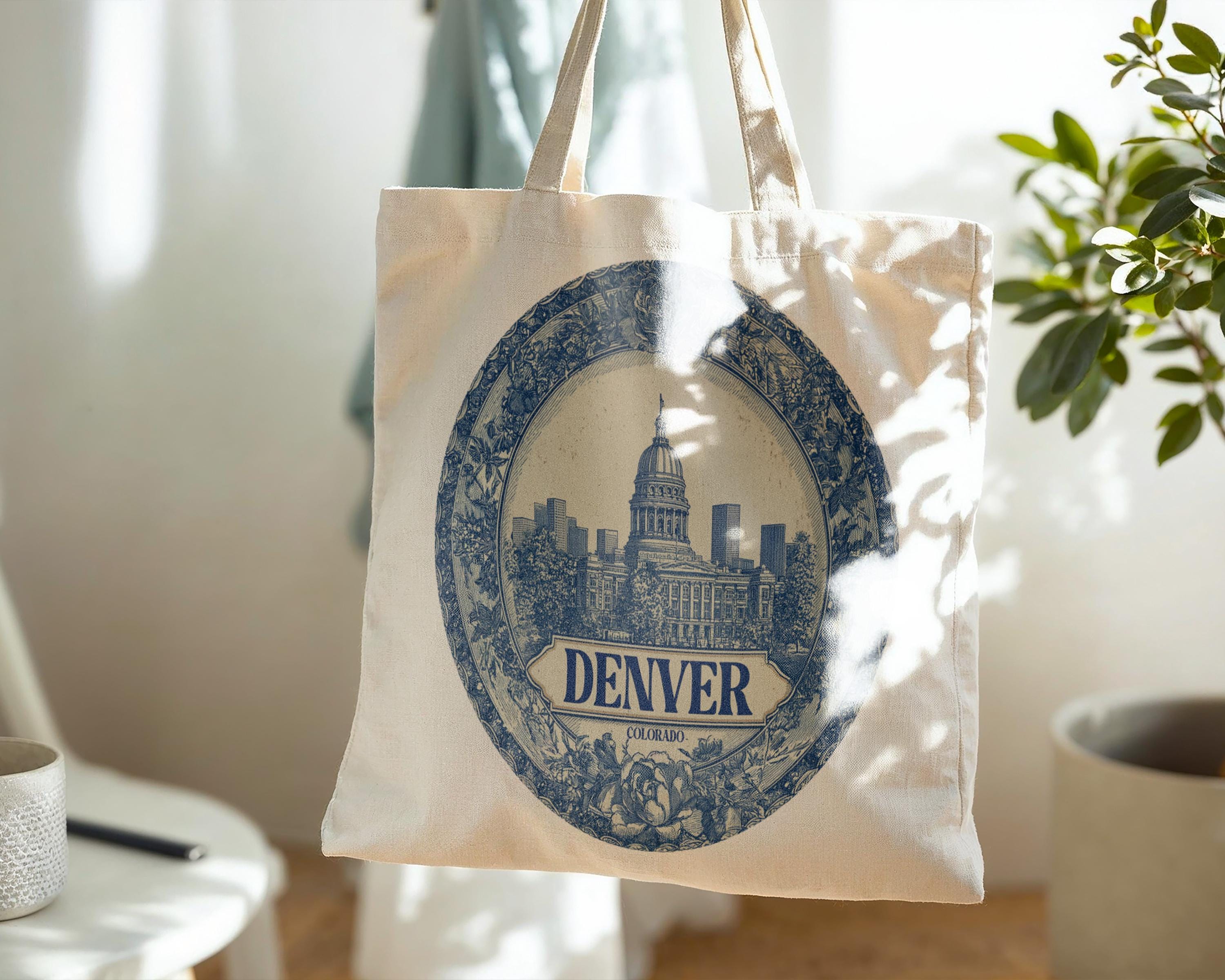 Denver Colorado Tote Bag, Delft Style Personalized Destination, City Wedding Gift Souvenir Cotton