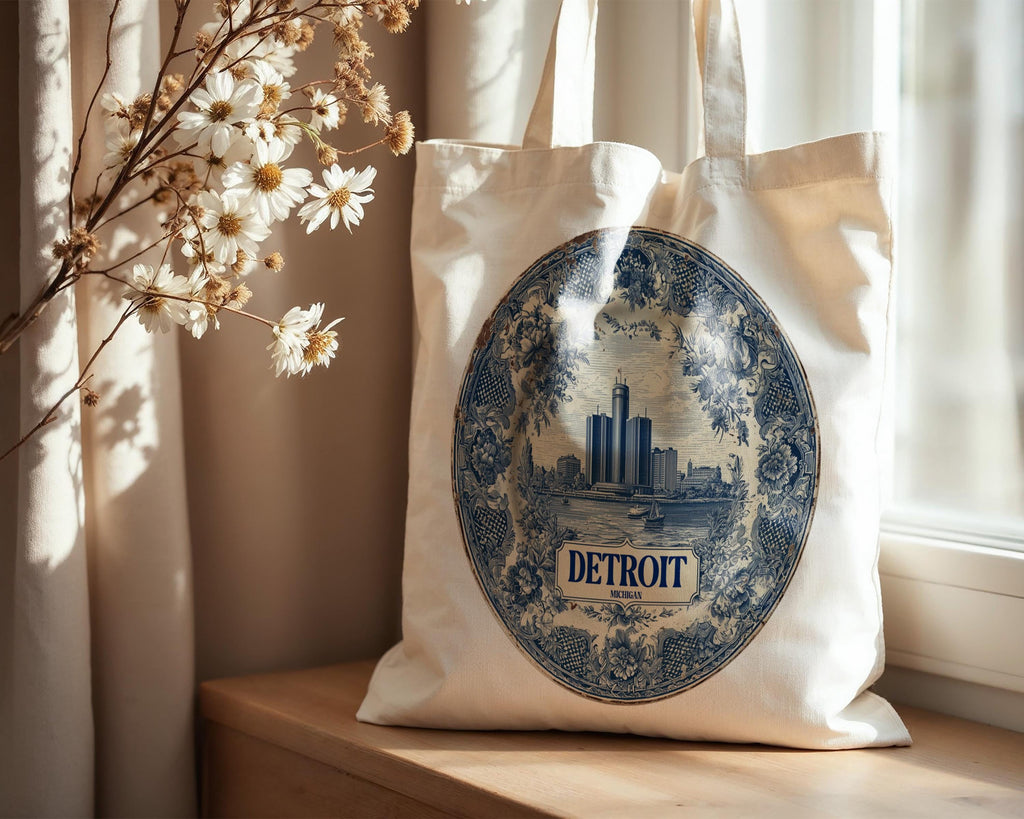 Detroit Michigan Tote Bag, Delft Style Personalized Destination, City Wedding Gift Souvenir Cotton