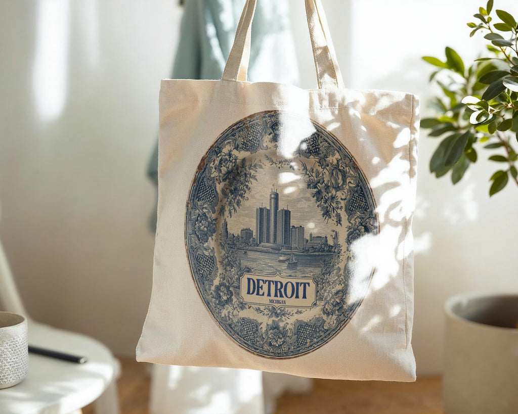 Detroit Michigan Tote Bag, Delft Style Personalized Destination, City Wedding Gift Souvenir Cotton