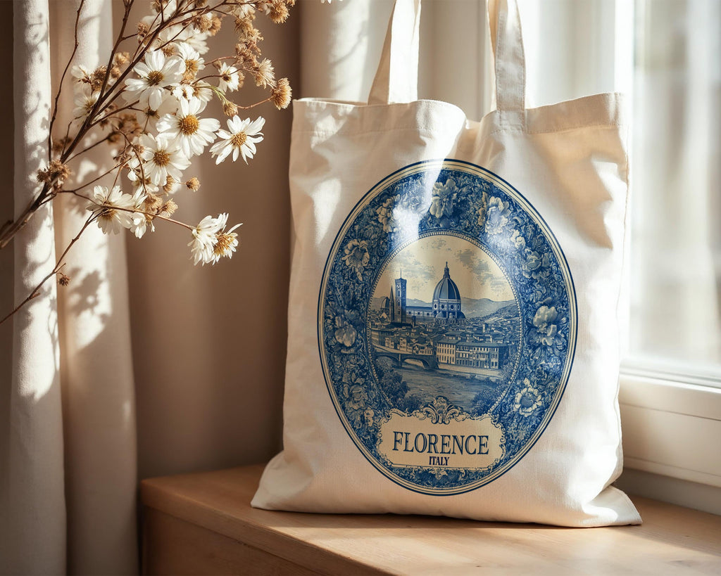 Florence Italy Tote Bag, Delft Style Personalized Destination, City Wedding Gift Souvenir Cotton