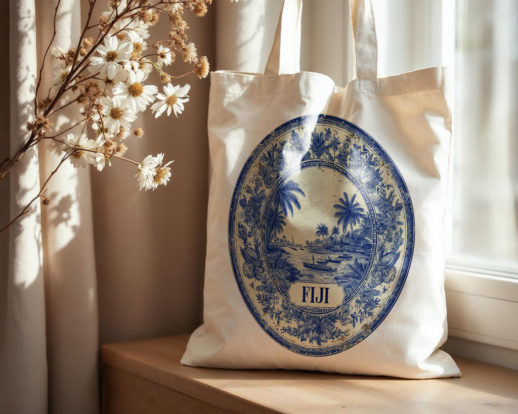 Fiji Tote Bag, Delft Style Personalized Destination, City Wedding Gift Souvenir Cotton