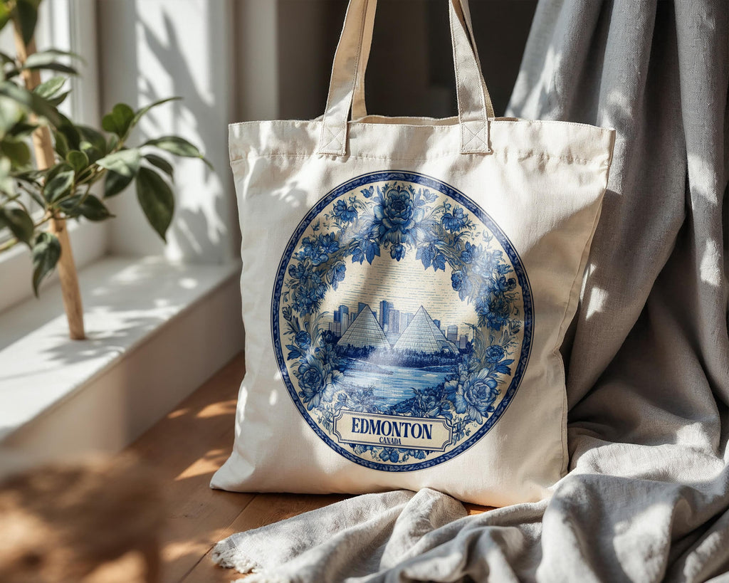 Edmonton Canada Tote Bag, Delft Style Personalized Destination, City Wedding Gift Souvenir Cotton