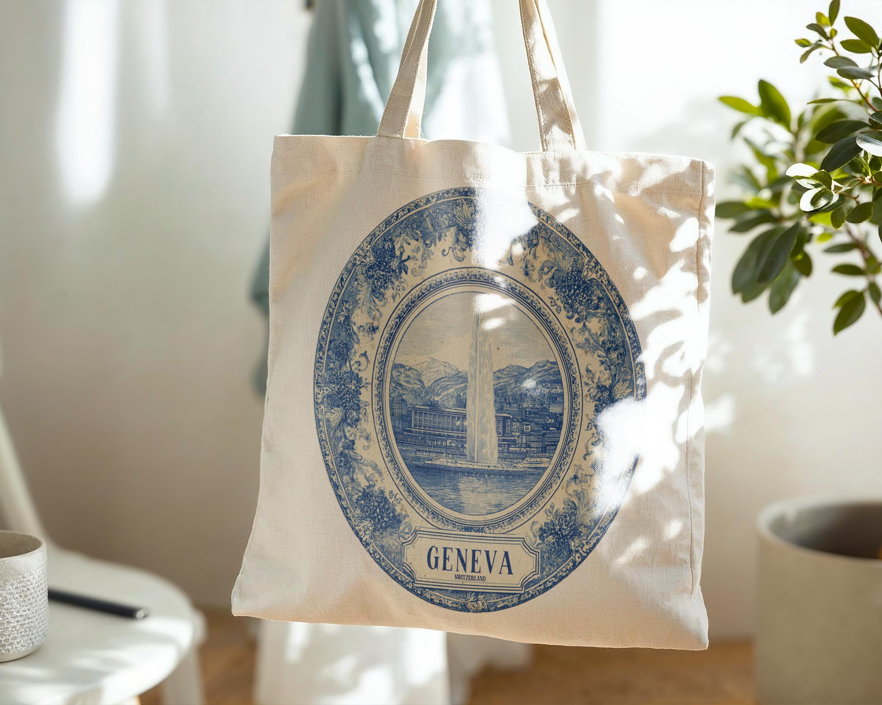 Geneva Switzerland Tote Bag, Delft Style Personalized Destination, City Wedding Gift Souvenir Cotton