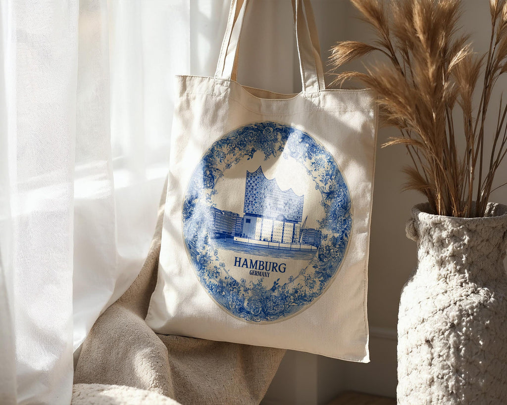 Hamburg Germany Tote Bag, Delft Style Personalized Destination, City Wedding Gift Souvenir Cotton