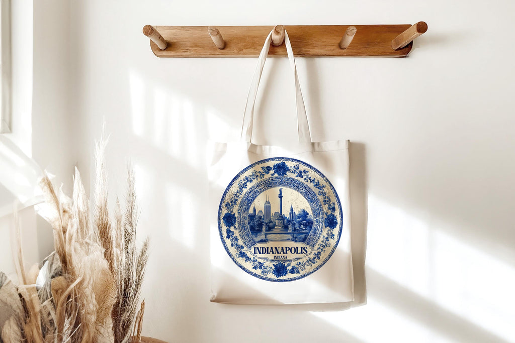 Indianapolis Indiana Tote Bag, Delft Style Personalized Destination, City Wedding Gift Souvenir Cotton