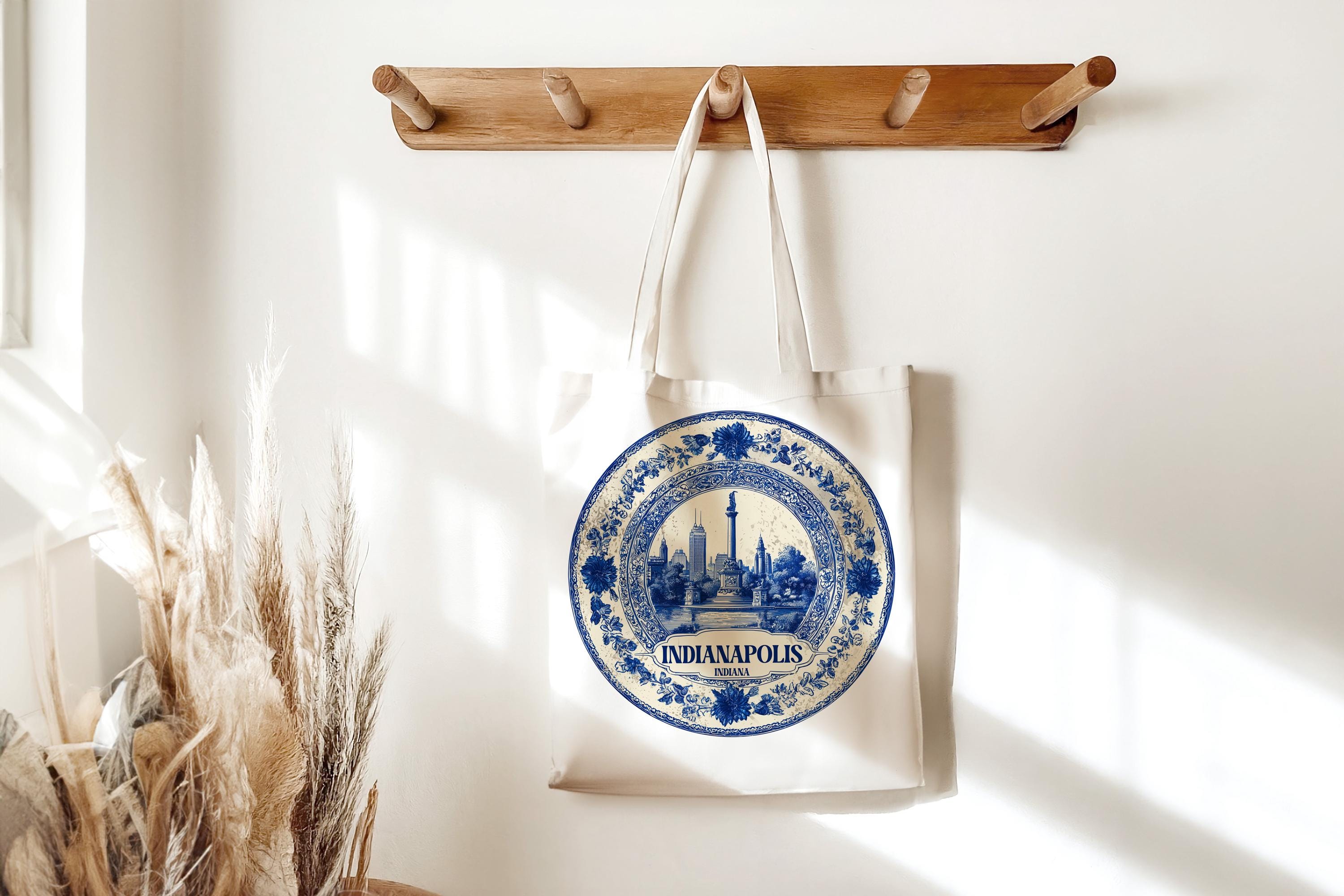 Indianapolis Indiana Tote Bag, Delft Style Personalized Destination, City Wedding Gift Souvenir Cotton