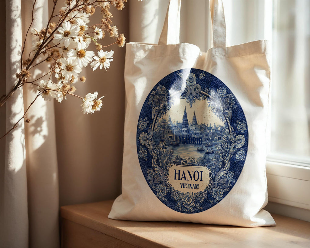 Hanoi Vietnam Tote Bag, Delft Style Personalized Destination, City Wedding Gift Souvenir Cotton