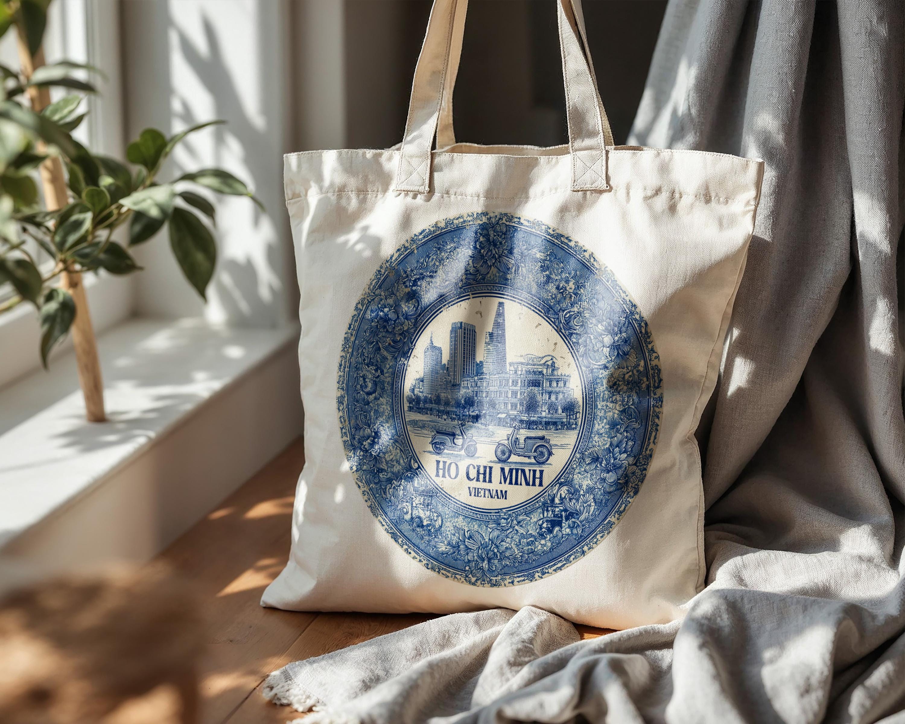 Ho Chi Minh City Vietnam Tote Bag, Delft Style Personalized Destination, City Wedding Gift Souvenir Cotton