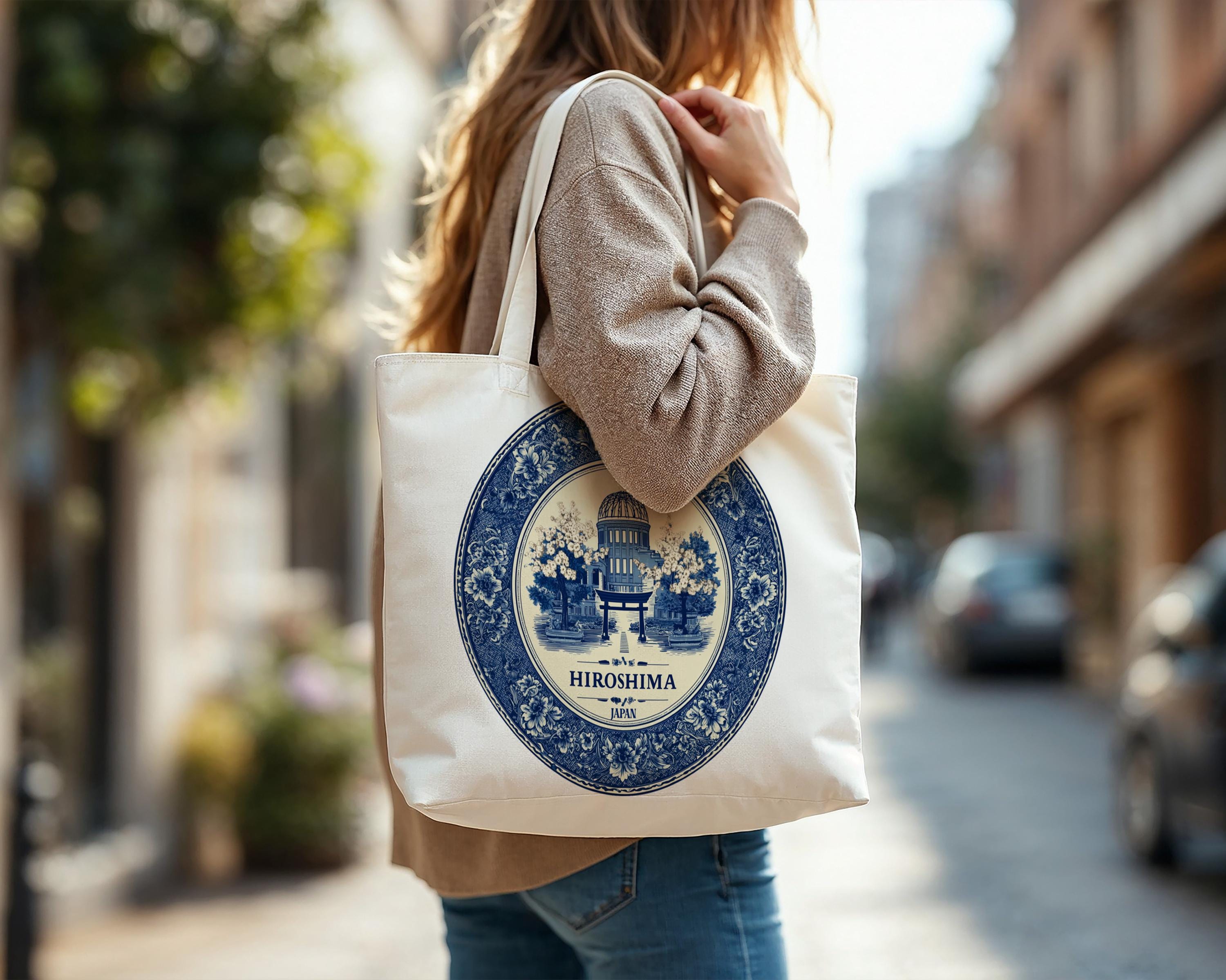 Hiroshima Japan Tote Bag, Delft Style Personalized Destination, City Wedding Gift Souvenir Cotton