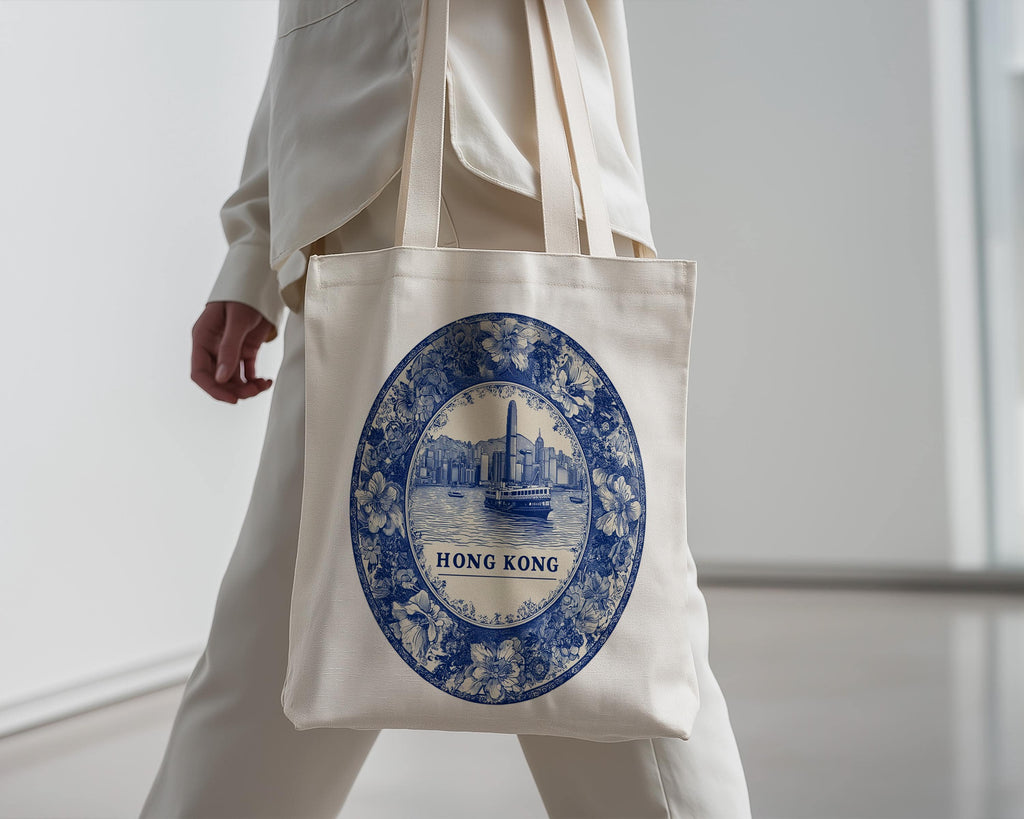 Hong Kong Tote Bag, Delft Style Personalized Destination, City Wedding Gift Souvenir Cotton