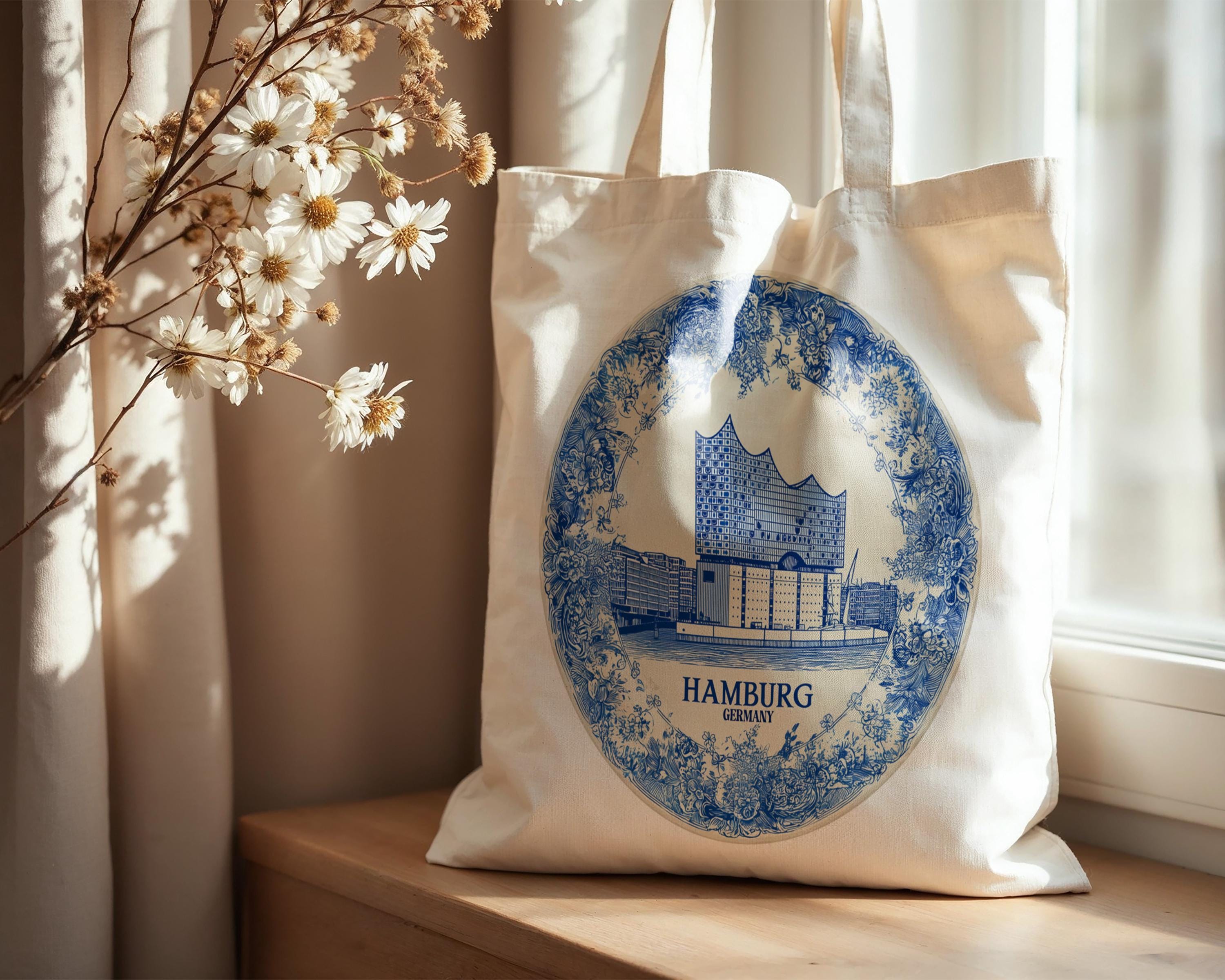 Hamburg Germany Tote Bag, Delft Style Personalized Destination, City Wedding Gift Souvenir Cotton