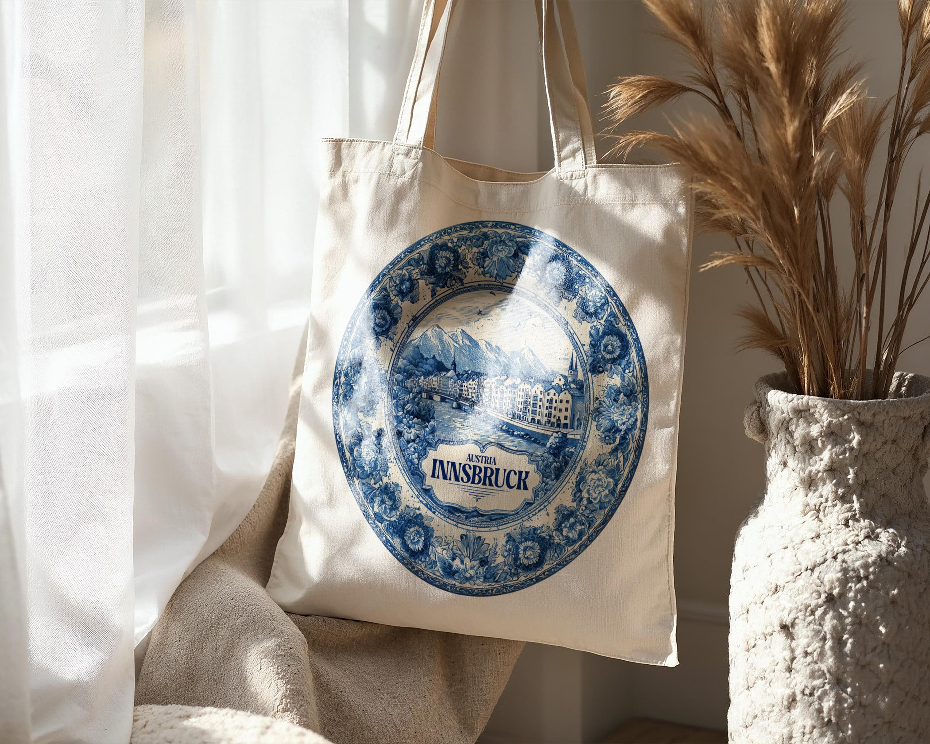 Innsbruck Austria Tote Bag, Delft Style Personalized Destination, City Wedding Gift Souvenir Cotton