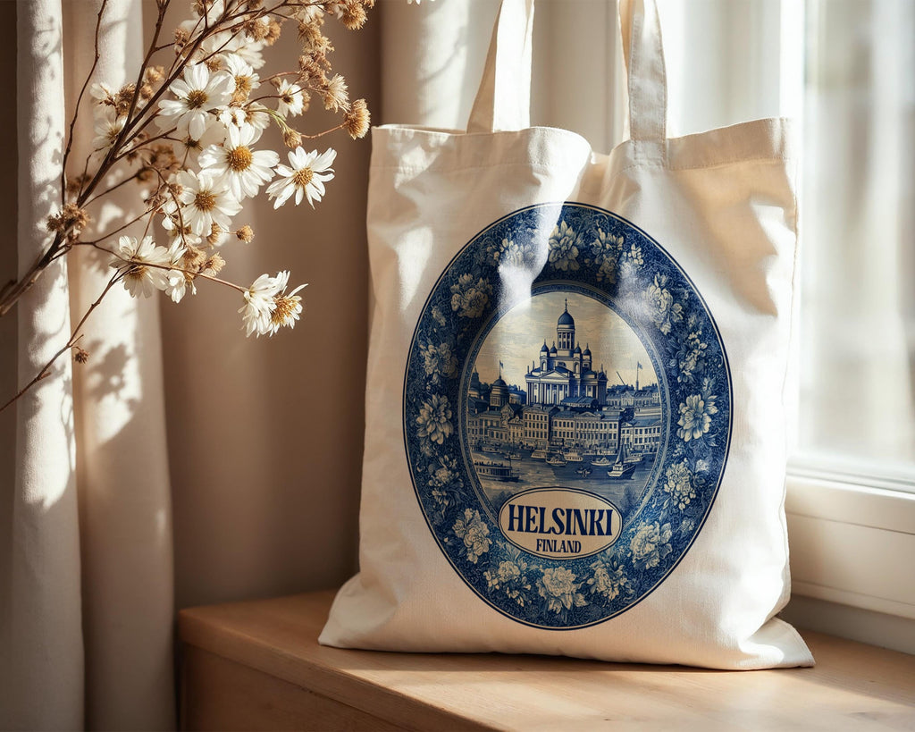 Helsinki Finland Tote Bag, Delft Style Personalized Destination, City Wedding Gift Souvenir Cotton