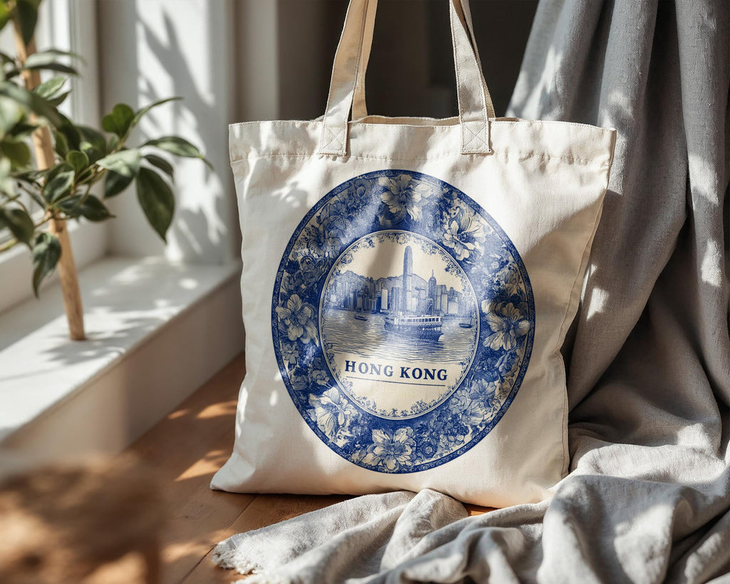 Hong Kong Tote Bag, Delft Style Personalized Destination, City Wedding Gift Souvenir Cotton