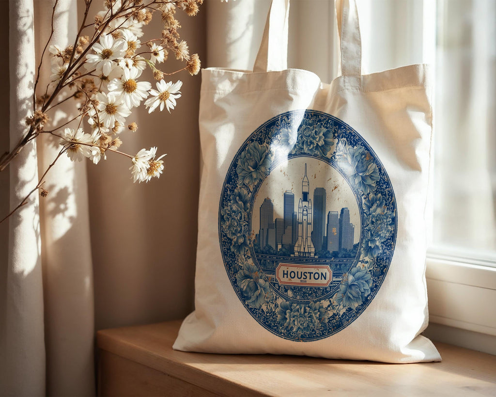 Houston Texas Tote Bag, Delft Style Personalized Destination, City Wedding Gift Souvenir Cotton