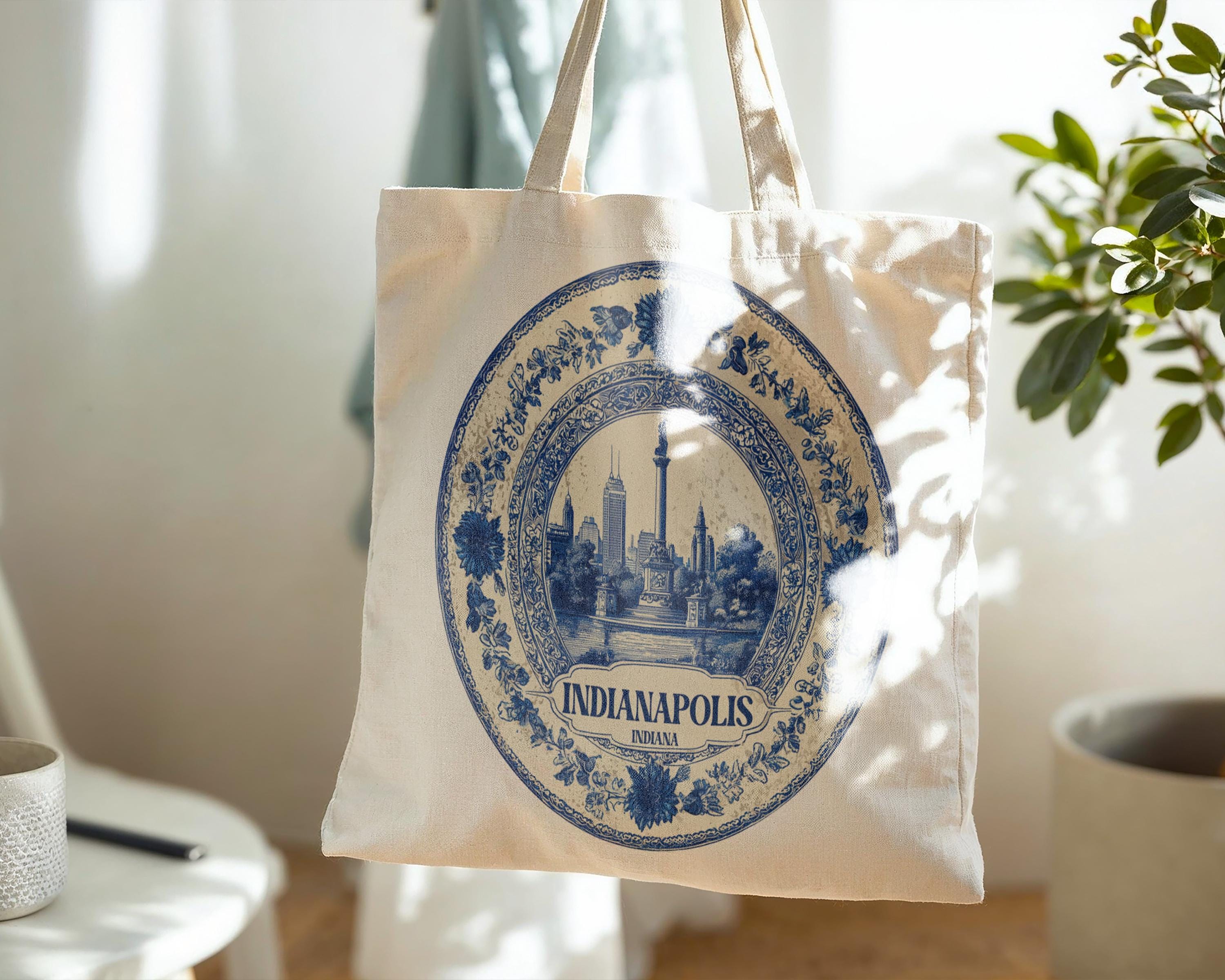 Indianapolis Indiana Tote Bag, Delft Style Personalized Destination, City Wedding Gift Souvenir Cotton