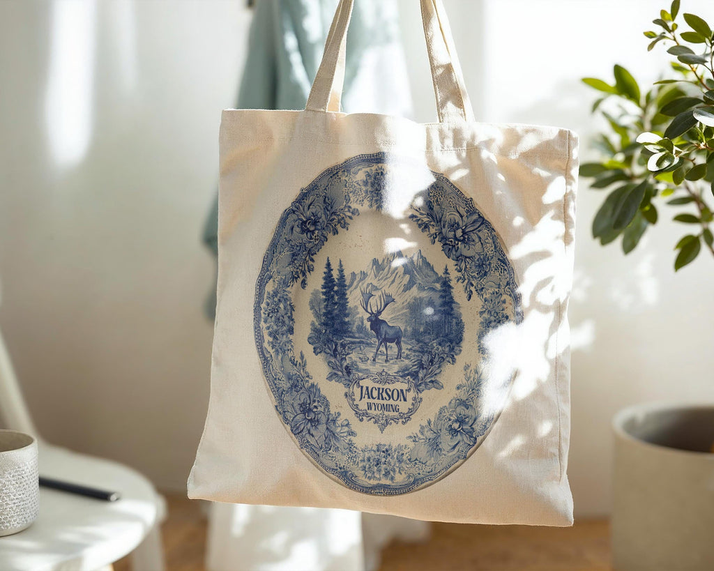 Jackson Wyoming Tote Bag, Delft Style Personalized Destination, City Wedding Gift Souvenir Cotton