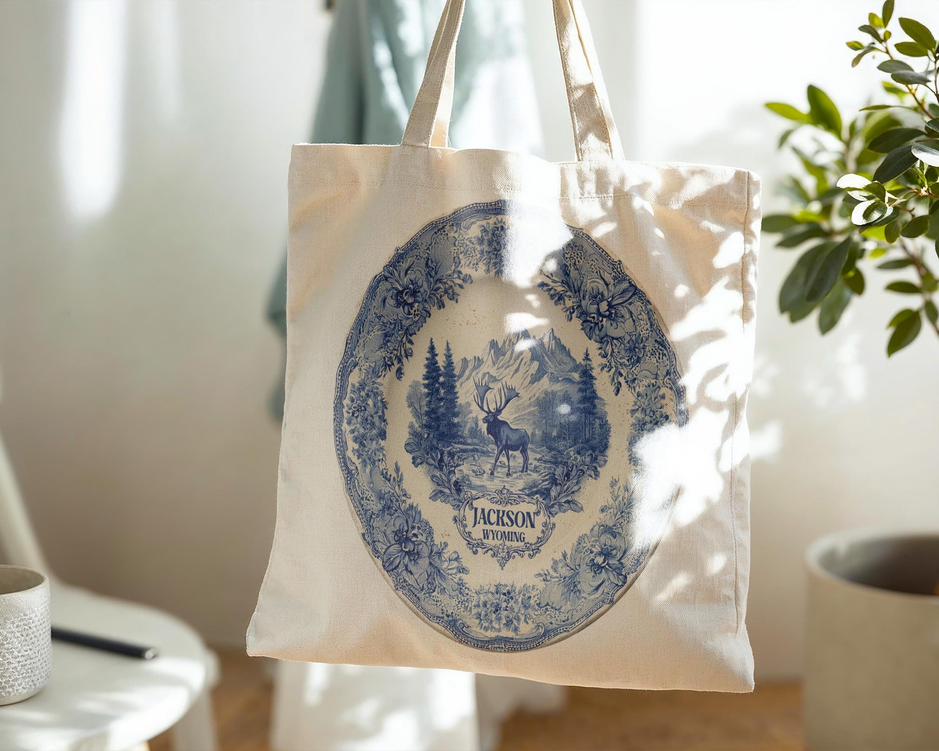 Jackson Wyoming Tote Bag, Delft Style Personalized Destination, City Wedding Gift Souvenir Cotton
